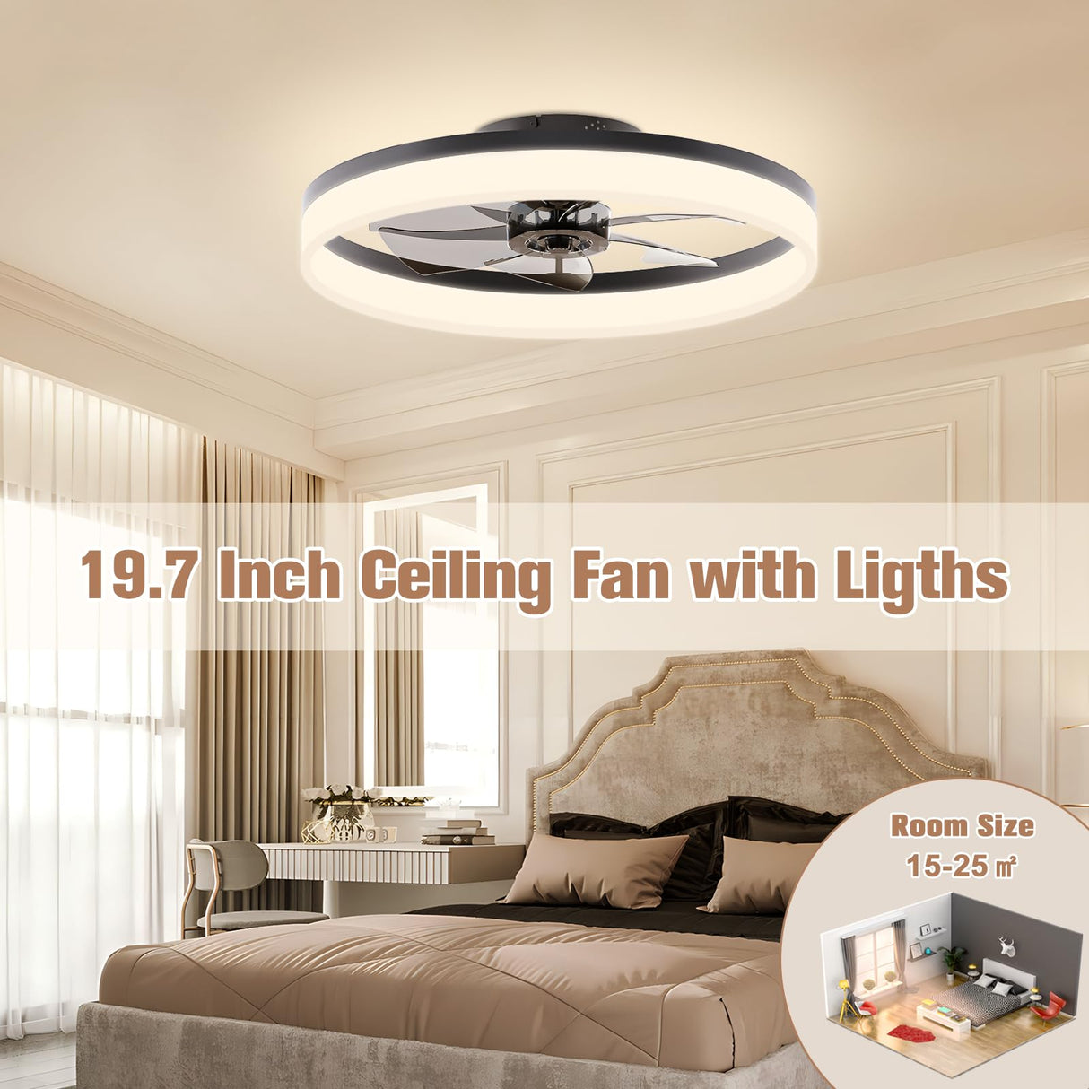 VOLISUN Low Profile Ceiling Fans with Lights and Remote, Fandelier Ceiling Fan Flush Mount, 3000K-6500K Smart Bladeless LED Fan Light, Black Modern Ceiling Fans with Lights for Bedroom VOLISUN
