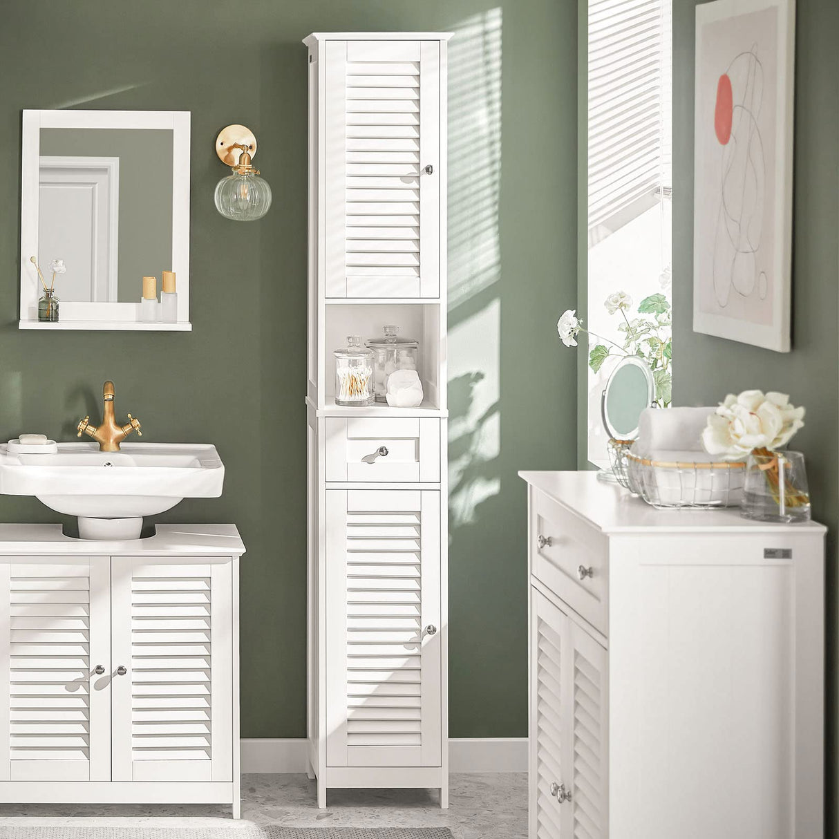 Haotian FRG236-W,White Tall Bathroom Storage Cabinet with Shelves and Drawers Haotian