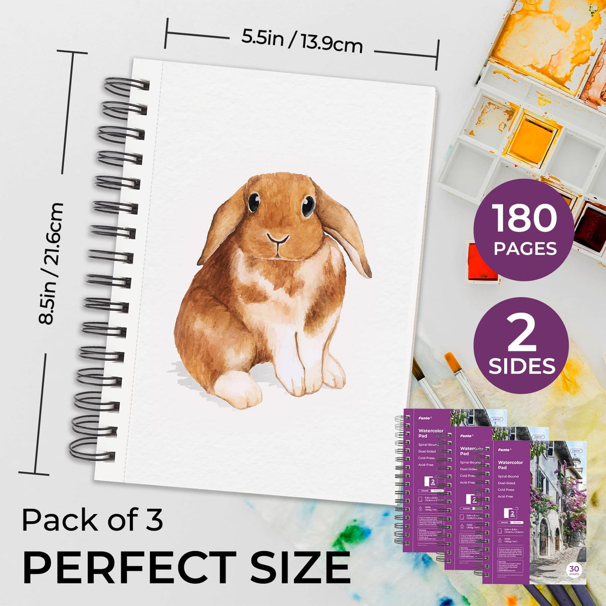 Funto Watercolor Pad 5.5x8.5, 3 Pack, 90 Sheets,140lb/300gsm, Double-Sided, Cold Press, Spiral Bound, Heavyweight Paper for Watercolor Painting Funto