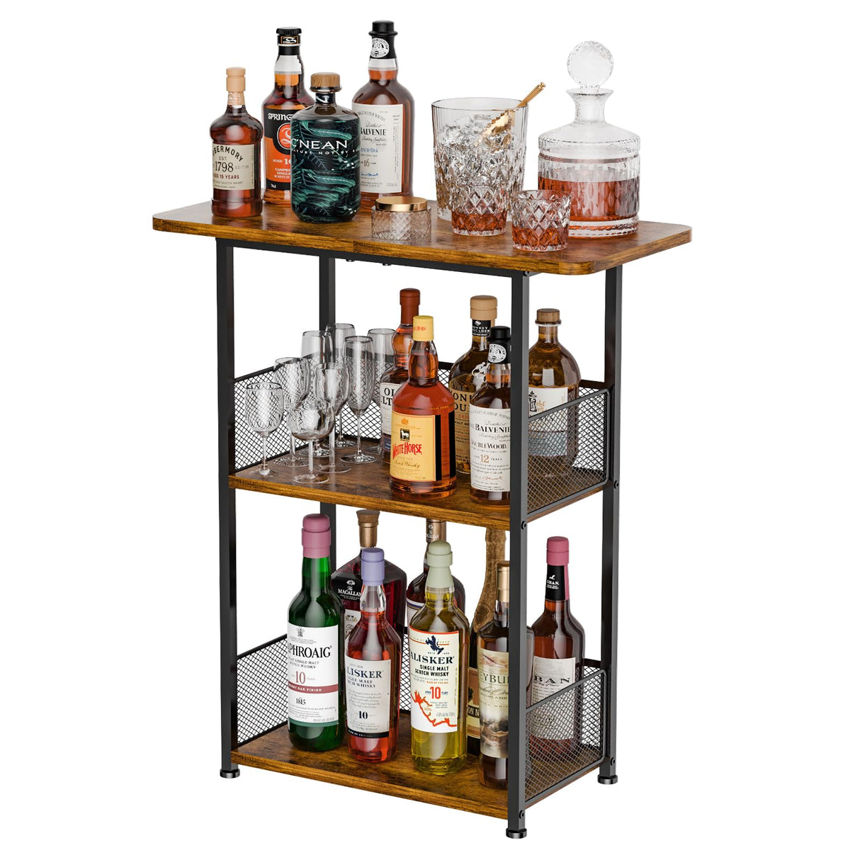 Eyteenokk Floor Standing Freestanding Whiskey Rack: 3 Tier Wine Rack Mini Bar Table Corner Wine Bottle Display Stand Liquor Cabinet Bar, for Bottles,Cocktail Shaker,Mugs Eyteenokk