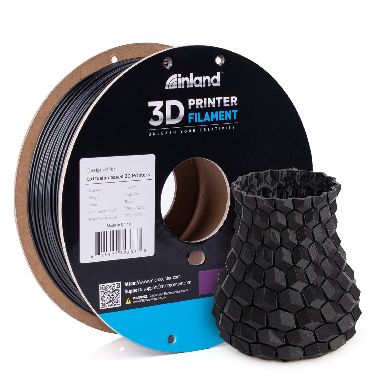 Inland Micro Center PETG Filament 1.75mm, Black - 1KG Spool - Dimensional Accuracy +/- 0.03mm INLAND