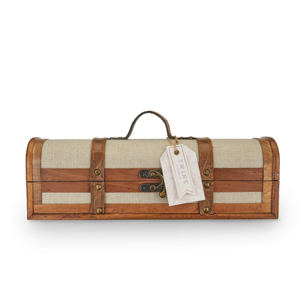 Twine Vintage Trunk Wine Bottle Gift Box, Wood Wine Box with Lid and Handle, Wood, Faux Leather, Brass, Cloth, Holds 1 Bottle Twine