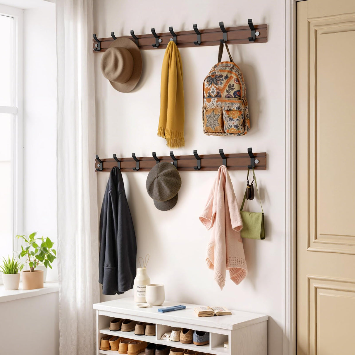 HAVEDAWN Adjustable Coat Rack Wall Mount, Coat Hooks with 8 Sliding Dual-Tier Hooks, Heavy Duty Hanger for Jackets, Hats, Solid Pine Wood & Metal, Farmhouse Chic Entryway Organizer, Easy Install HAVEDAWN