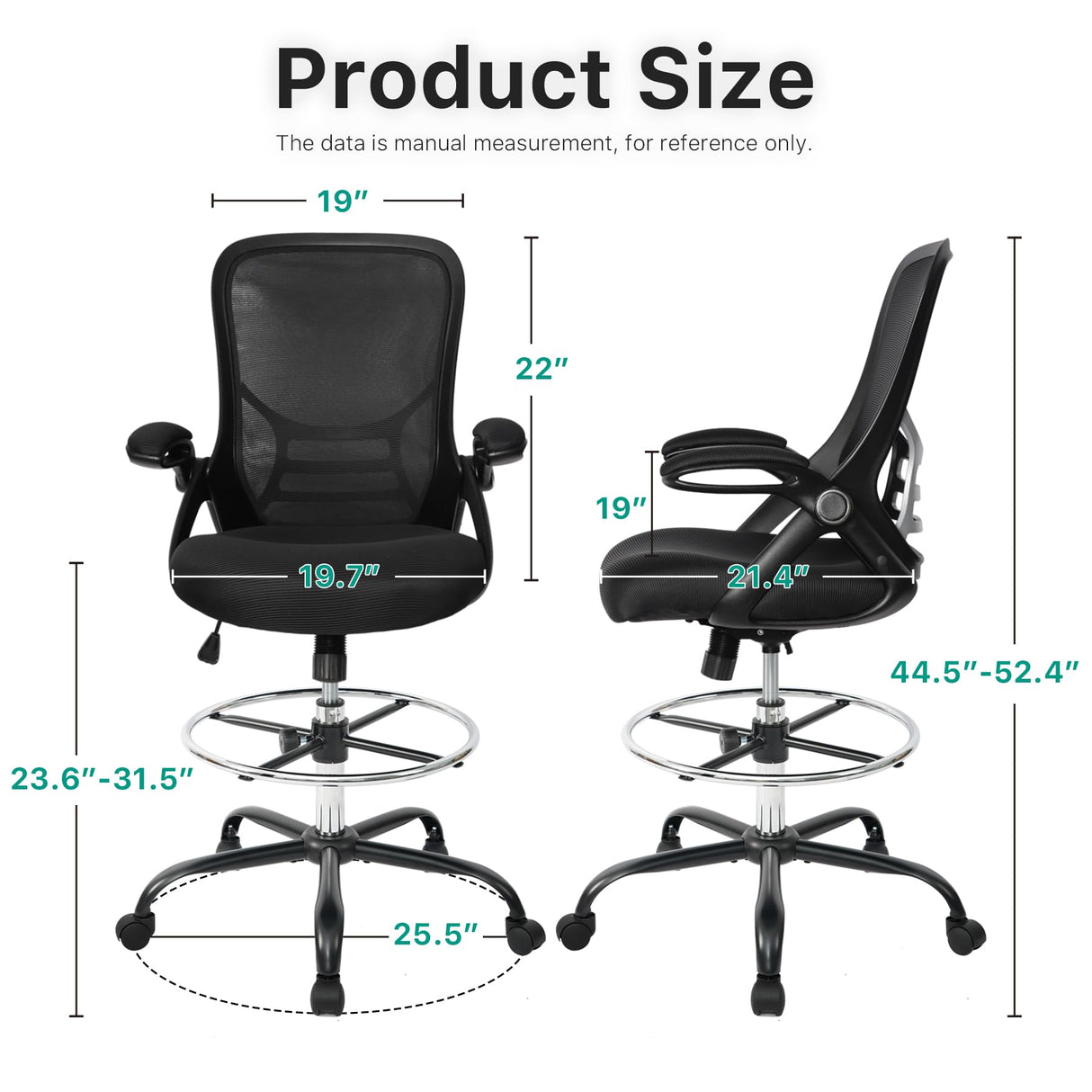 HYLONE Drafting Chair Tall Office Chair High-Back Mesh Standing Desk Stool with Adjustable Footrest Ring and Flip-Up Arms (Black) HYLONE