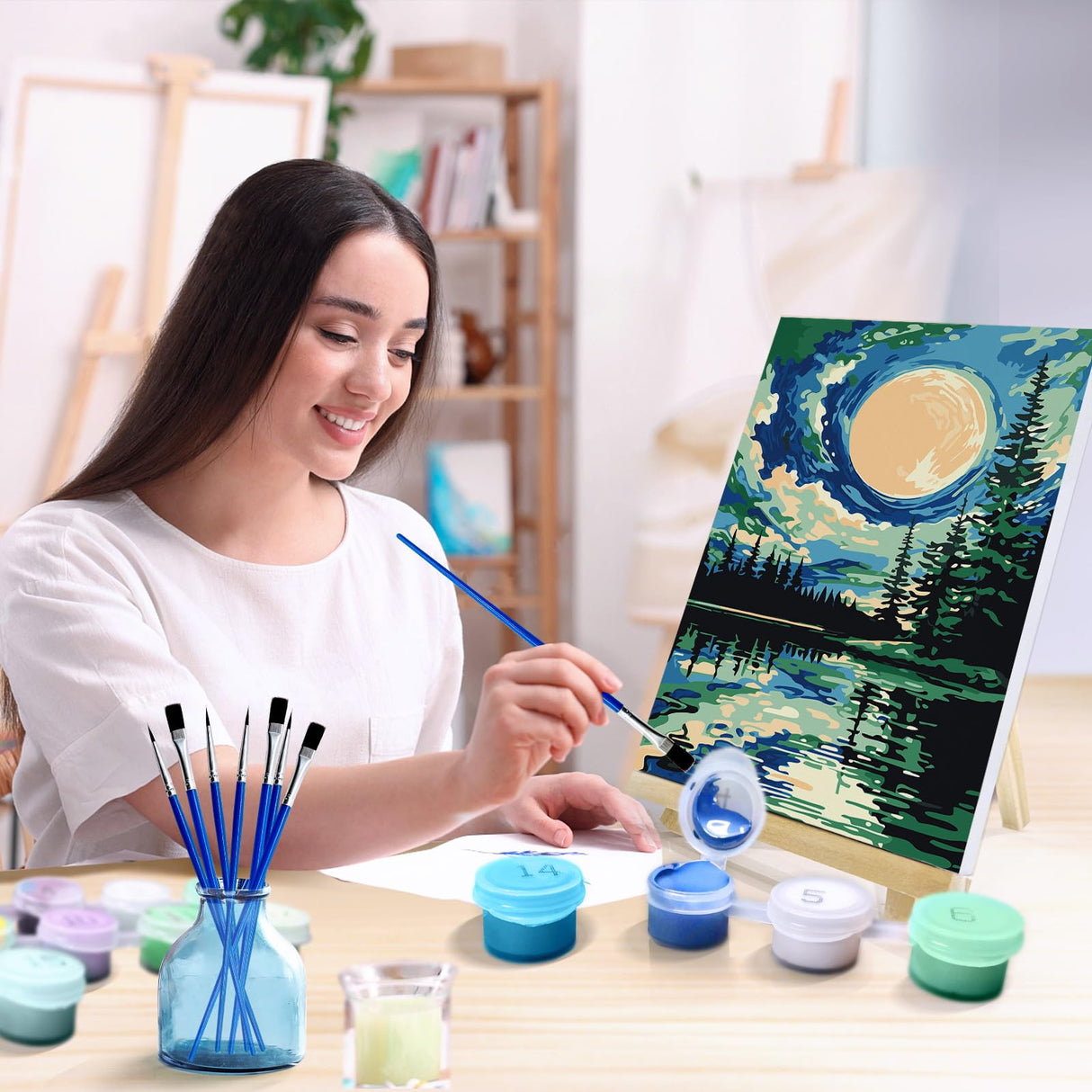 JOOZ 4 Pack Paint by Numbers Kit for Adults with Frame, Moon Paint by Number with Easel, DIY Mountain Lake Adult Paint by Number Kits on Canvas, Landscape Oil Painting Kit for Home Decor 8x12 Inch JOOZ