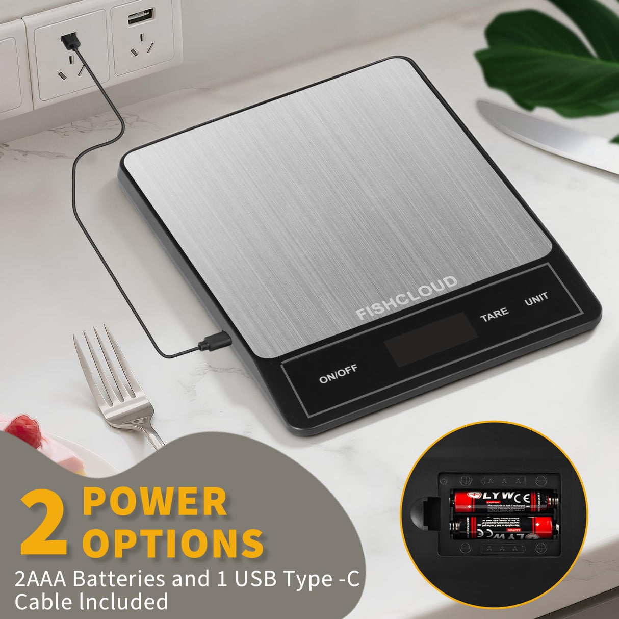 Food Scale - Rechargeable Digital Kitchen Scale 33lb, 1g/0.05oz Precision, Type-C, Stainless Steel, Grams/Ounces, LCD Display, for Cooking/Baking/Meal Prep (Ash Silver) FISHCLOUD