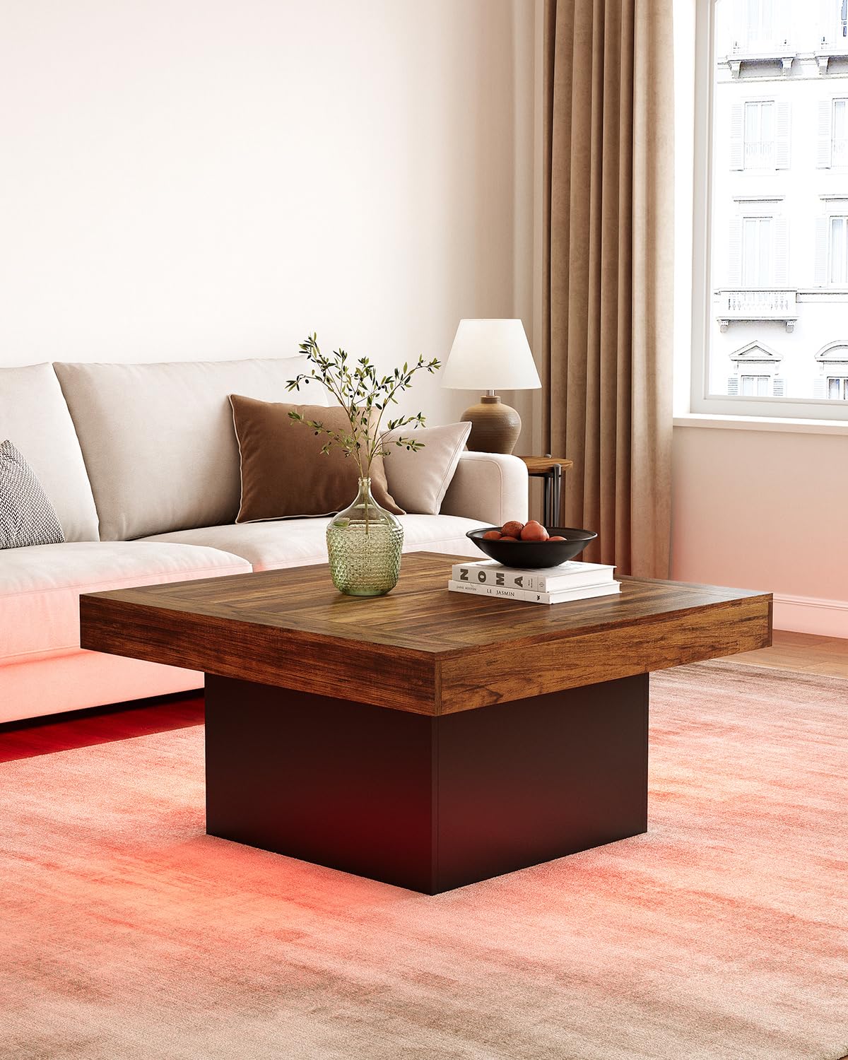 LITTLE TREE Square Coffee Table with LED Lights, 35-inch Living Room Tables, Modern Coffee Tables for Living Room, Brown and Black Wooden Center Table Cocktail Table for Home LITTLE TREE