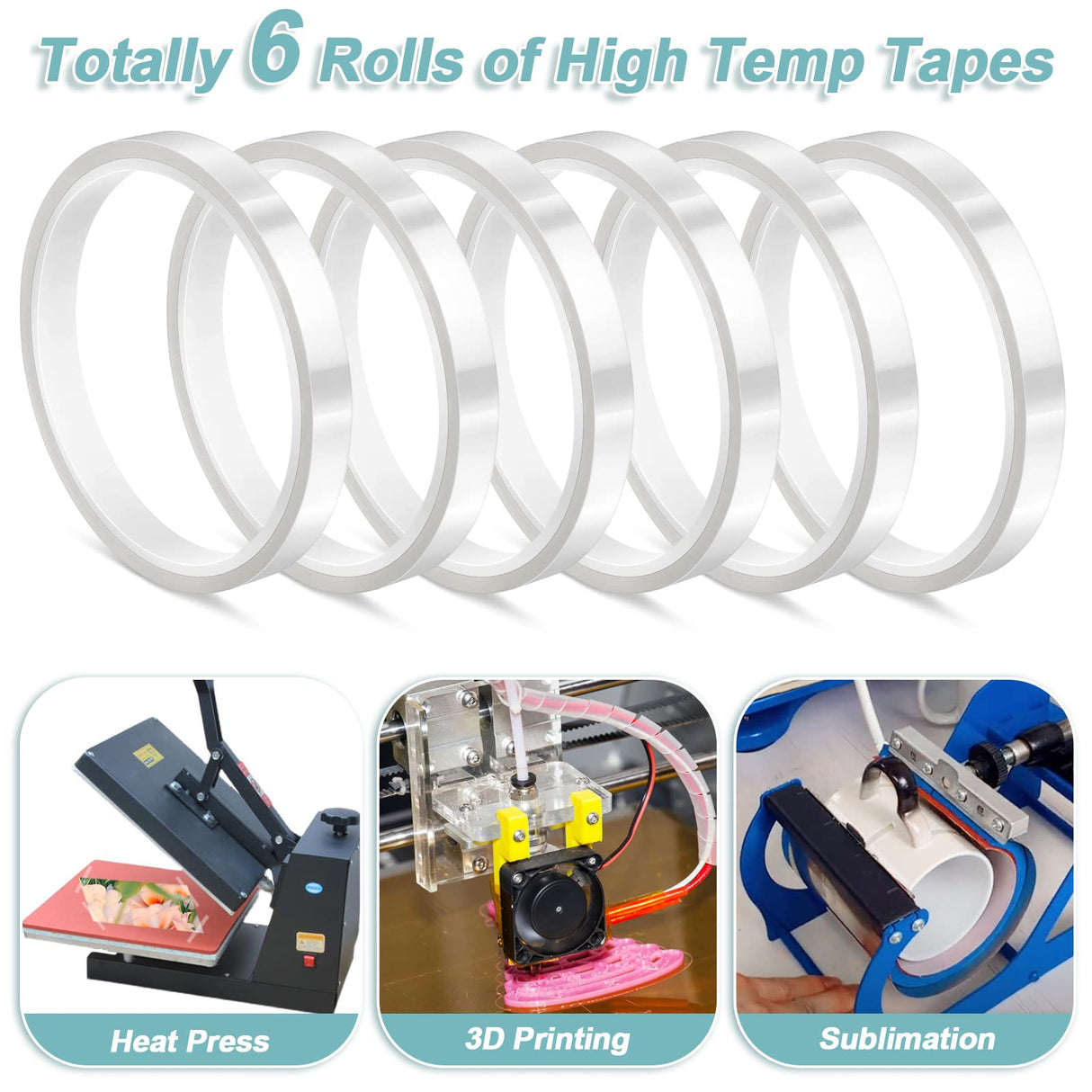 selizo 6 Pack Heat Tape for Heat Press Sublimation, Heat Transfer Tape Heat Resistant High Temperature Adhesive Tape for Dye Sublimation, HTV Craft (Clear) selizo