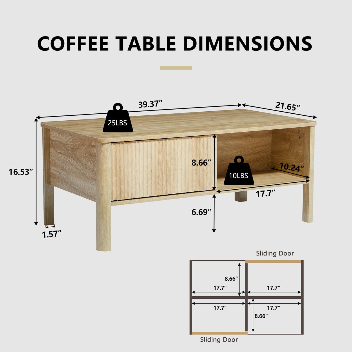 affeivul Rectangle Fluted Coffee Table with Storage and Sliding Drawers, Light Wood Coffee Table, Mid Century Modern Coffee Table Boho Style, Low for Living Room/Bedroom/Office (Natural) affeivul