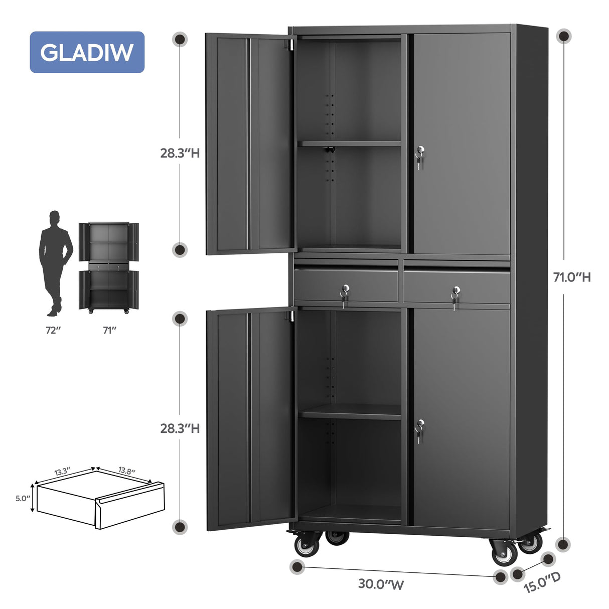 GLADIW Metal Storage Cabinet with Wheels, Steel Storage Cabinet with 2 Drawers and 2 Adjustable Shelves for Homes, Offices, Kitchens, Schools and Pantries GLADIW