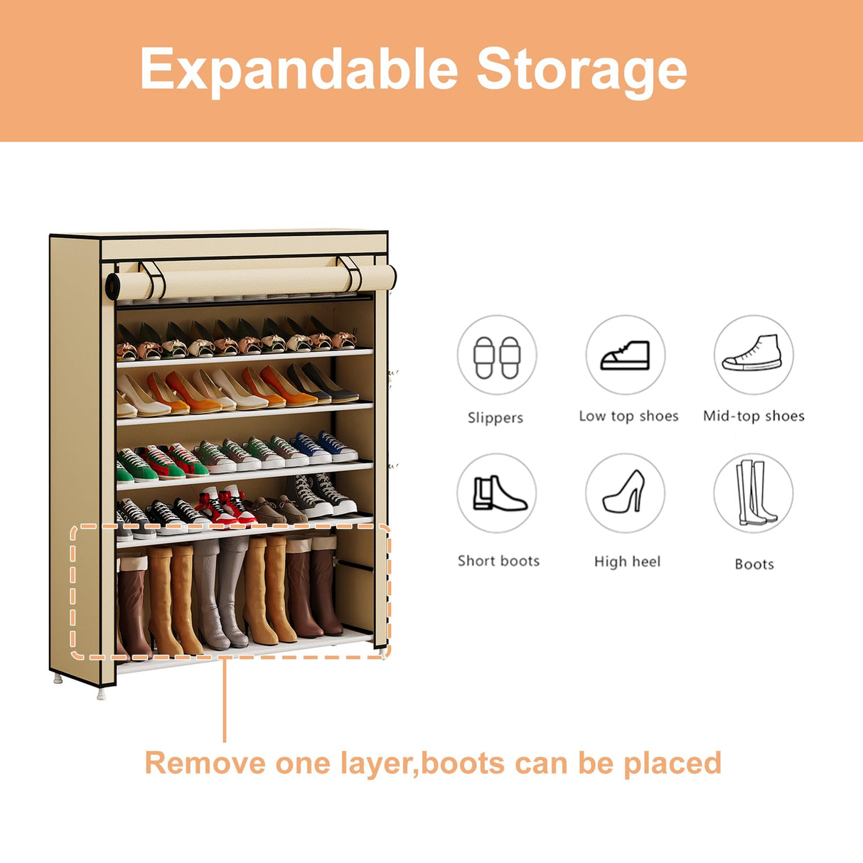 Calmootey 7 Tier Shoe Rack Organizer to Hold 35 Pairs, Portable Shoe Shelf with Nonwoven Fabric Cover for Closet Hallway, Bedroom, Entryway, Beige Calmootey