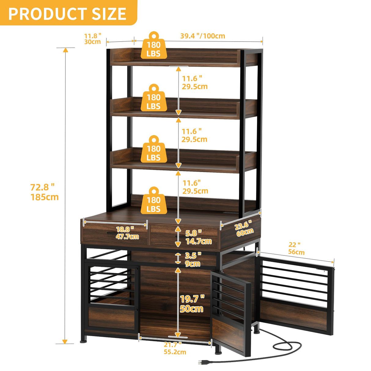 DWVO Dog Crate Furniture with Storage Shelves, Heavy Duty Dog Crate with Drawers & Charging Station, 39 Inch Dog Kennel Indoor Furniture for Large Dogs, Modern Dog Crate with Double Doors, Brown DWVO