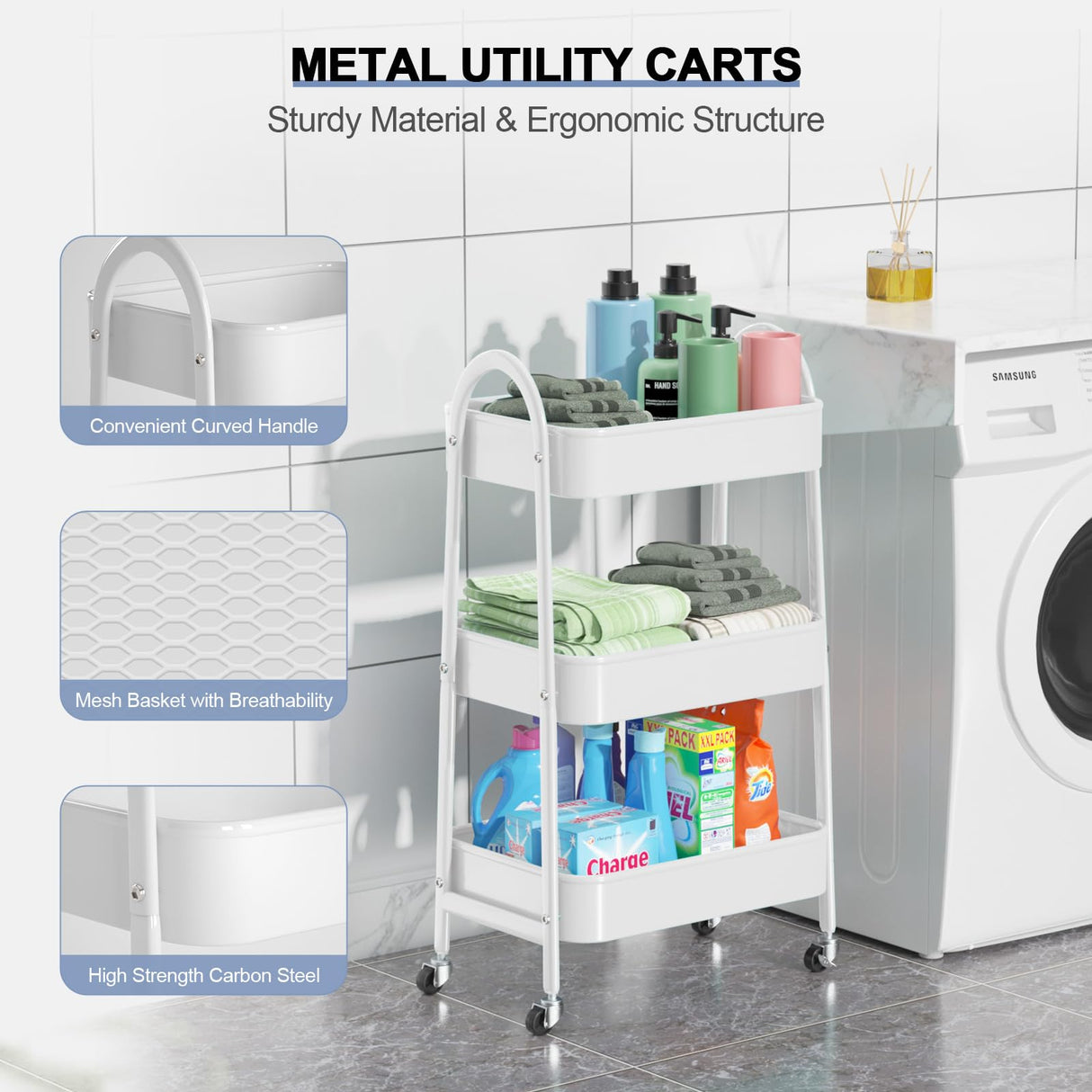 EAGMAK 3 Tier Utility Rolling Cart, Metal Storage Cart with Handle and Lockable Wheels, Multifunctional Storage Organizer Trolley with Mesh Baskets for Kitchen, Living Room, Office, Garage (White) EAGMAK