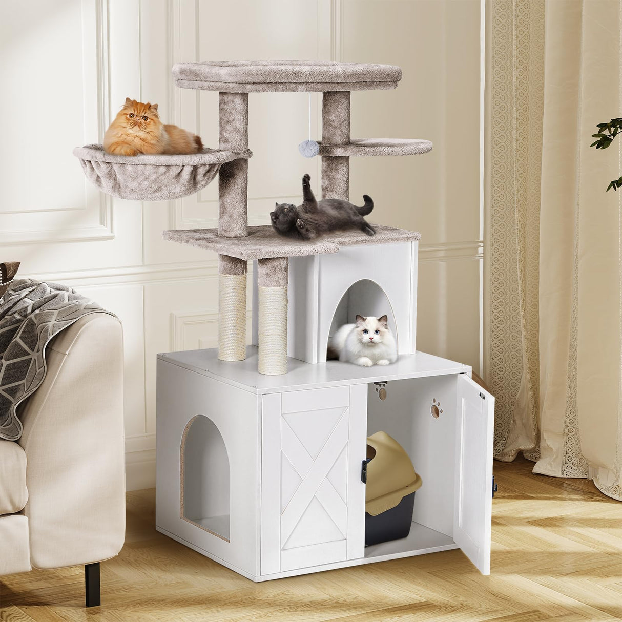 Snughome Cat Litter Box Enclosure with Cat Tree Tower and Condo, Hidden Cat Washroom Furniture with Sisal Scratching Post and Soft Plush Perch, Wooden Cat Furniture with Multiple Platforms, White Snughome