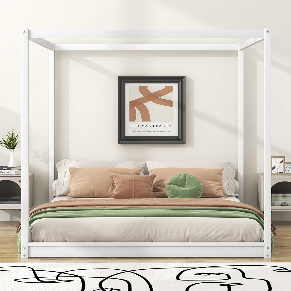 Merax Wooden Canopy Platform Bed Frame King Size Floor Bed/Mattress Foundation with Slat Support White Merax