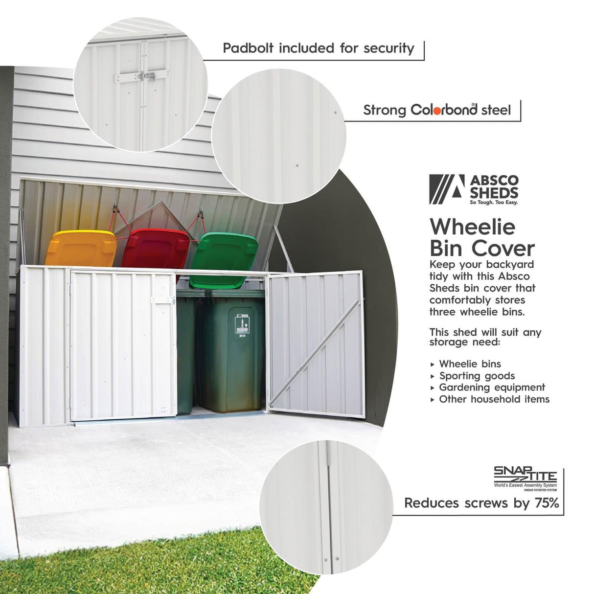 Absco Utility 7.5 Ft. x 2.5 Ft. Garbage Can Metal Storage Shed DIY Galvanized Steel Sheds for Garbage Can, Trash Bin, and Junk Storage Tools, Firewood, Gardening Equipment (Surfmist White) ABSCO