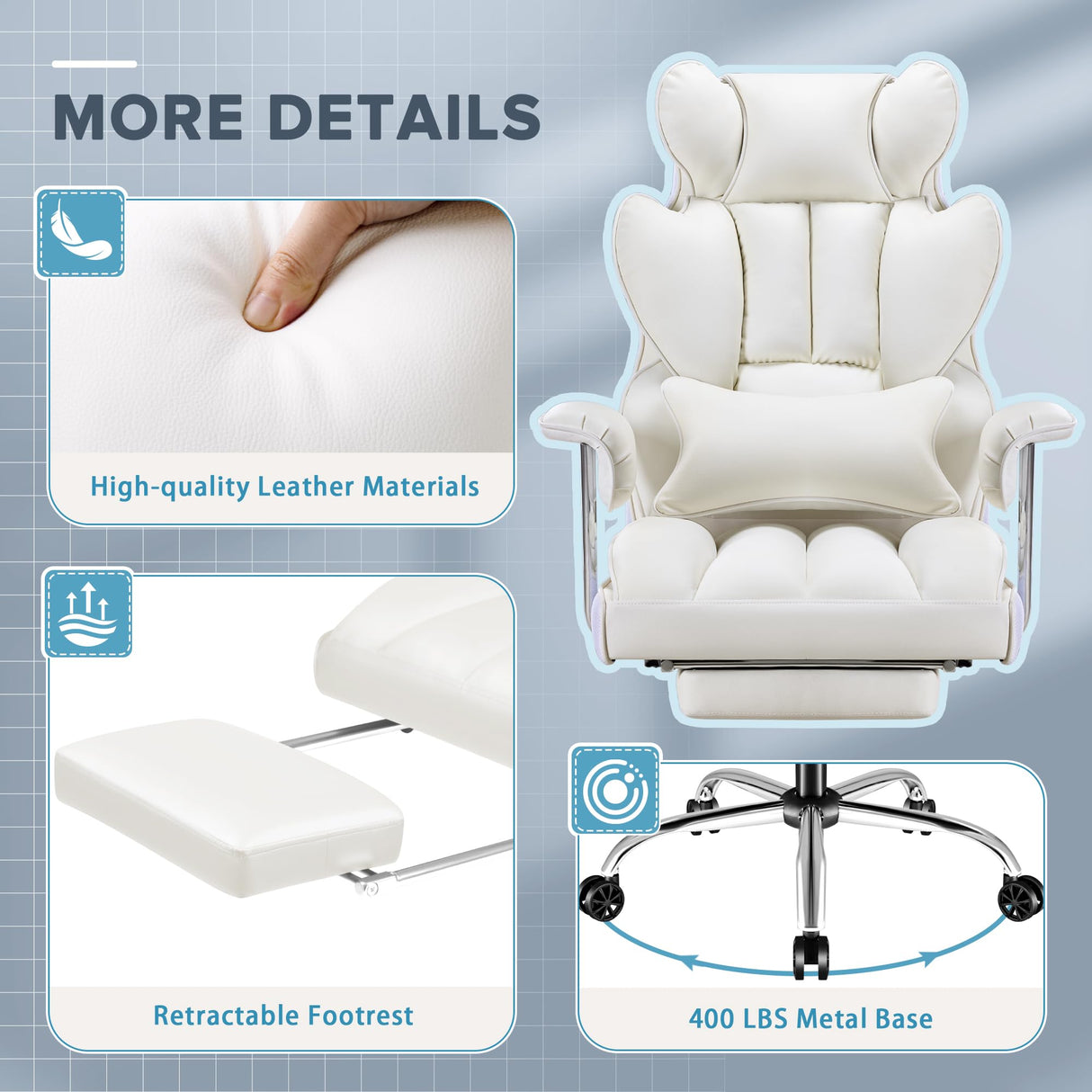 Furmax Gaming Chair, Ergonomic Office Chair, Reclining Height Adjustable Leather High Back Executive Desk Chair with Footrest and Lumbar Support (White) Furmax