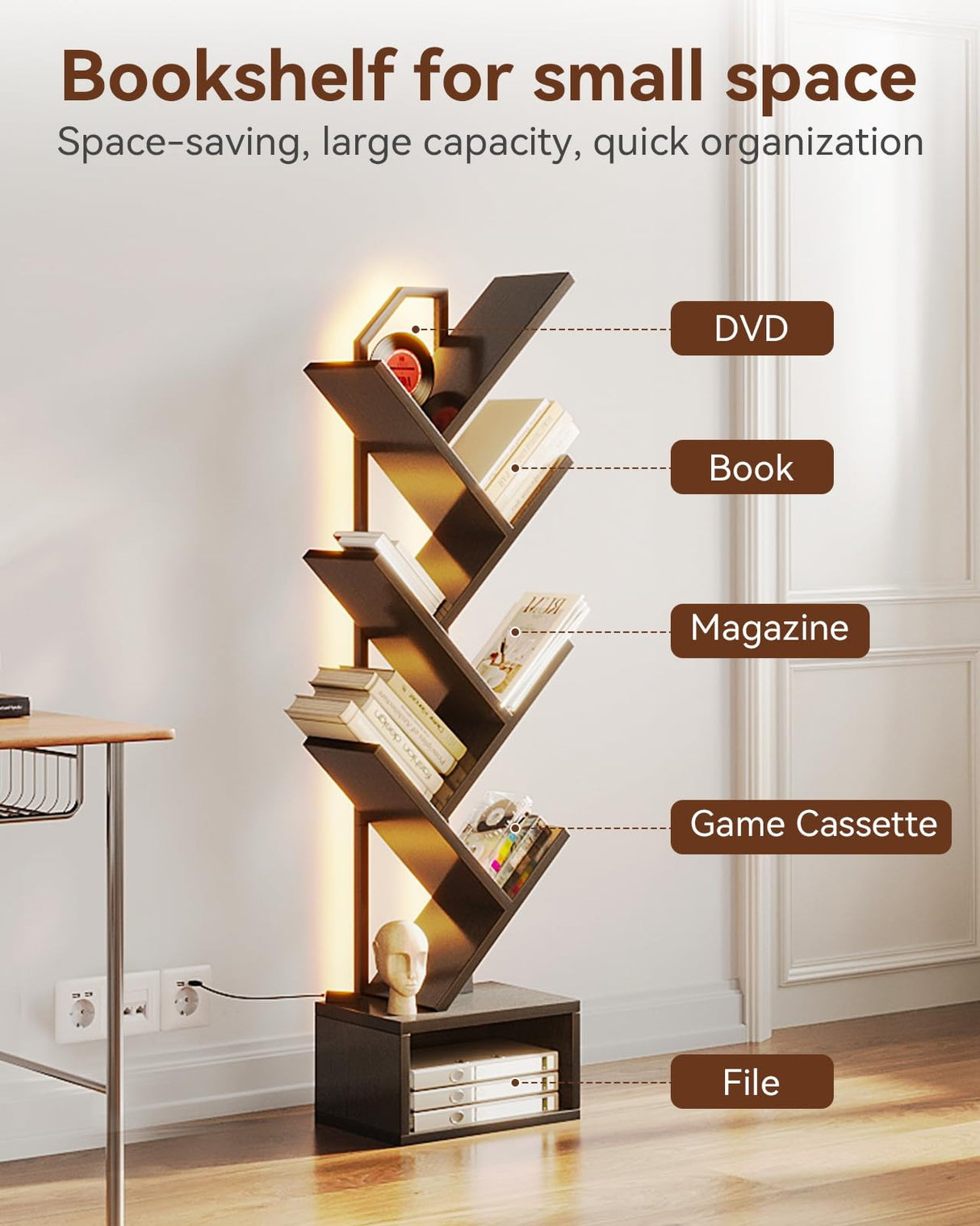 Casaottima Black Tree Bookshelf with LED Light Strip — 6-Tier Small Floor Standing Bookcase, Narrow Steel & Wood Book Organizer Shelf with Cabinet, Home Decor for Living Room/Bedroom/Home Office Casaottima