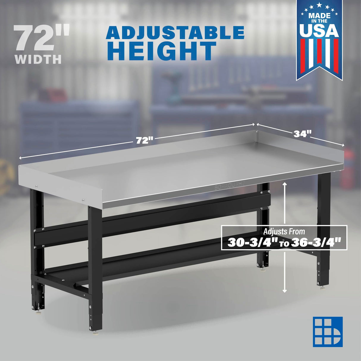 Borroughs® 72" Adjustable Workbench, 12-Gauge Stainless Steel Top Heavy-Duty Workstation with Bottom Shelf & Edge Guards, 2000 LBS Load Worktable for Borroughs
