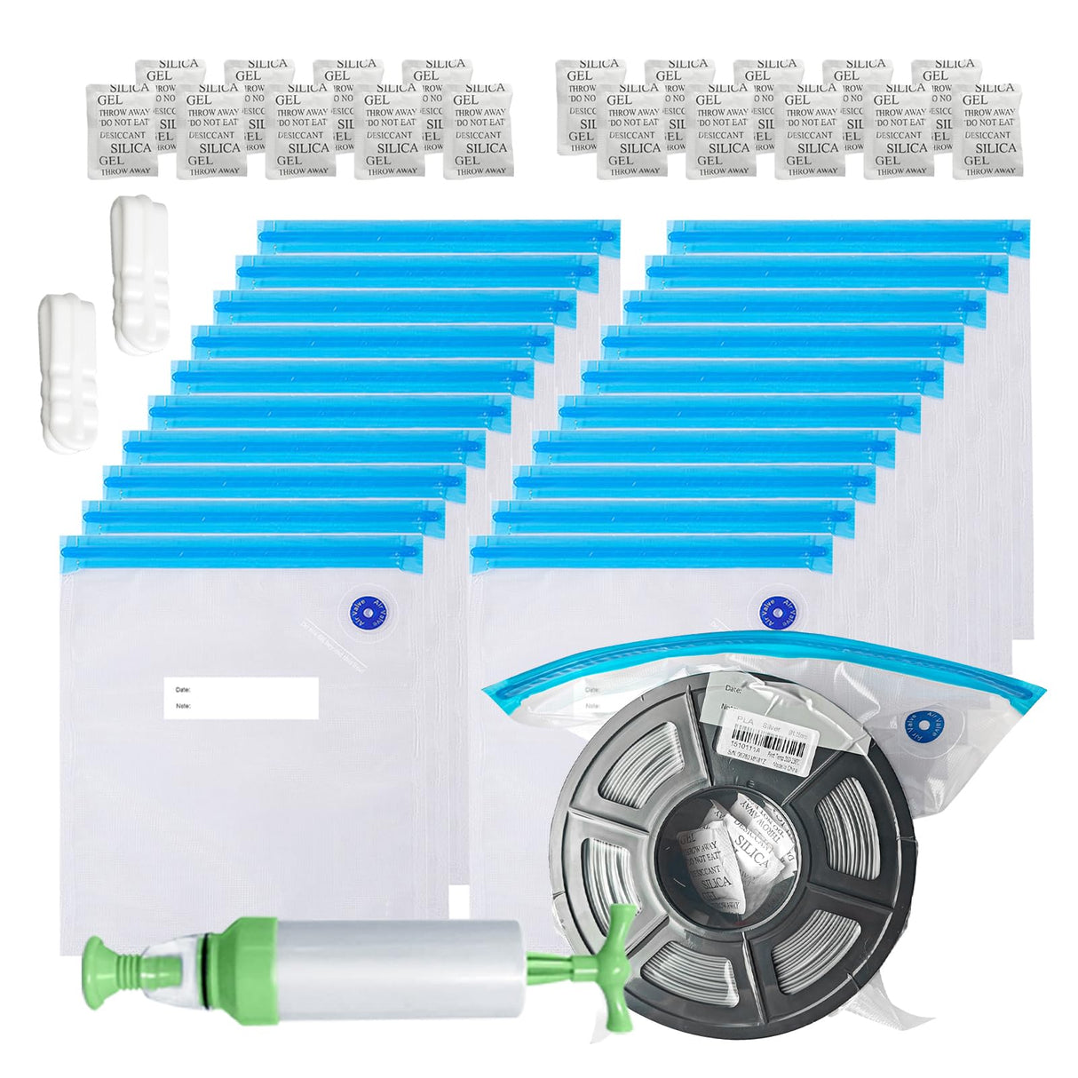 TIOPY Filament Storage Bags Vacuum Kit, 20Pcs 3D Printer Filament Sealed Bags with 20Pcs Desiccants/Seal Clip/Hand Pump, 11.8x13.4 in Fit Most 0.25/0.5/1 KG 3D Printer Filament Spools TIOPY