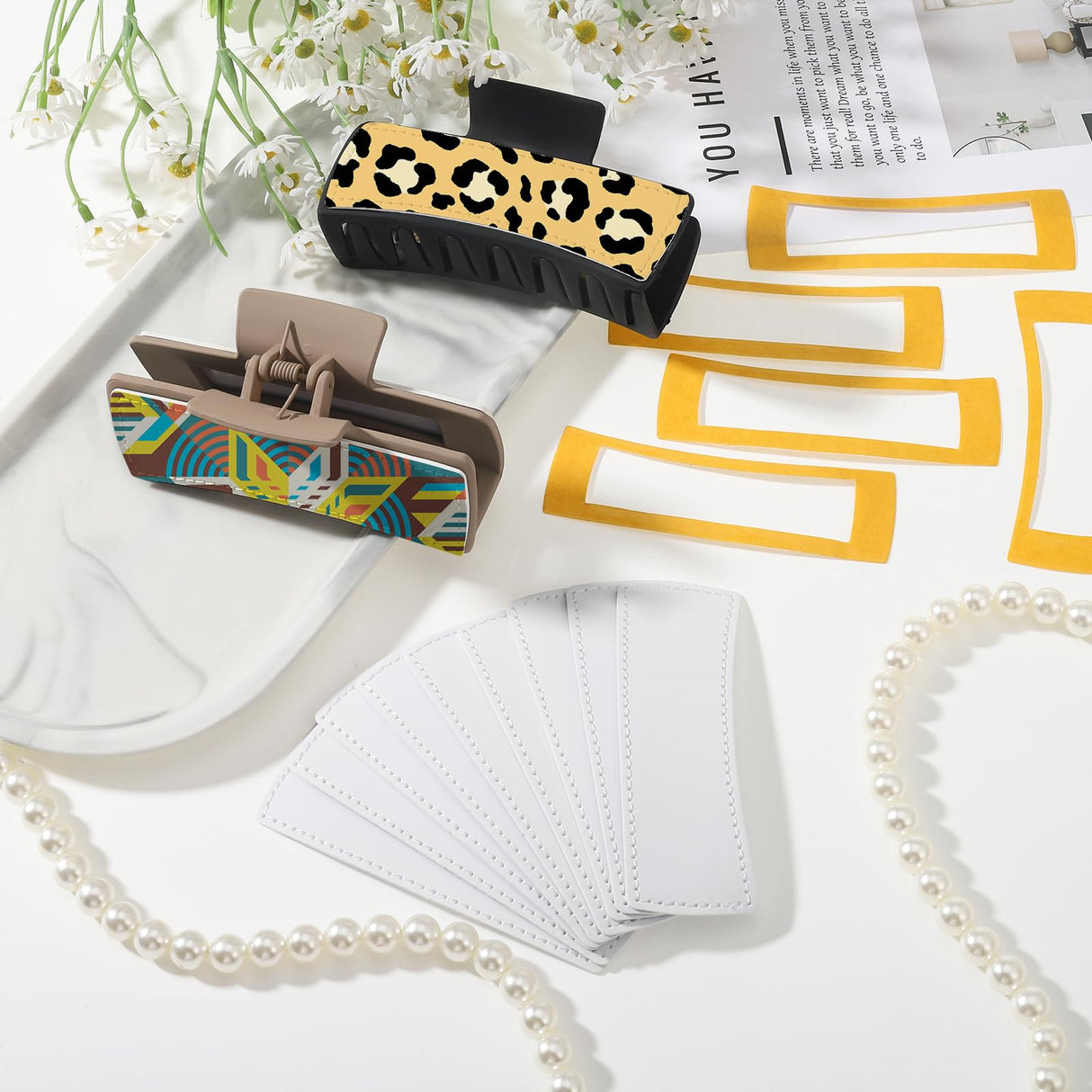 Guiqulai 20 Pack Hair Claw Clips Cover Sublimation Blanks for Square and Rectangular Barrettes, 4 inch, PU Leather, White, Including Strong Double-sided Adhesive for Rectangle Hair Guiqulai