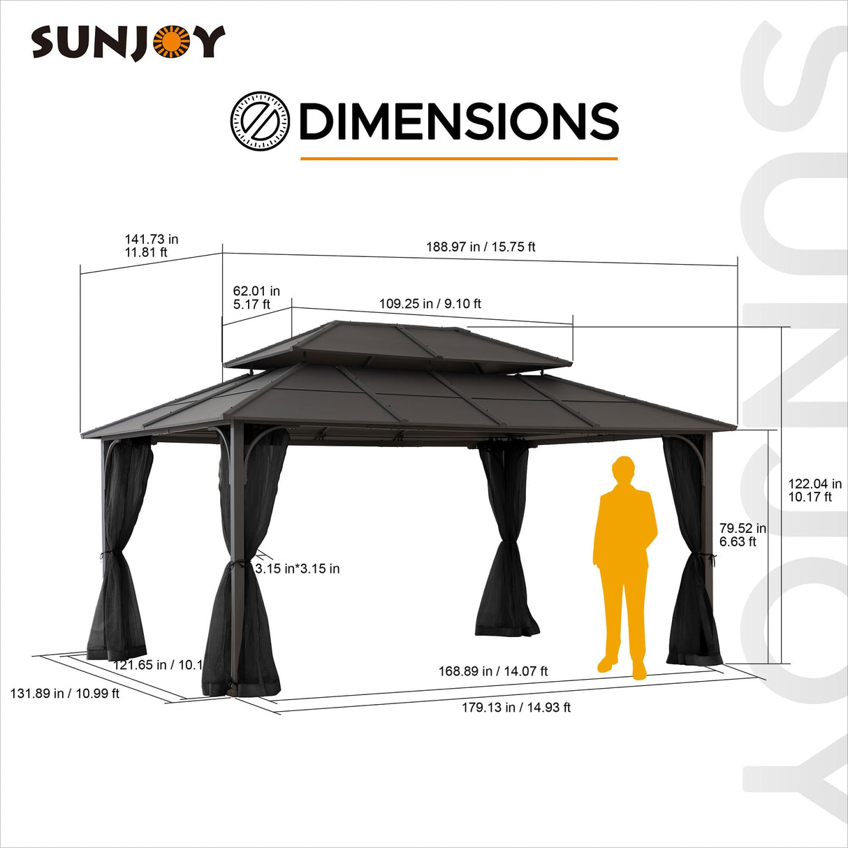 Sunjoy Hardtop Gazebo 12 x 16 ft. Outdoor Gazebo, Heavy Duty Steel Frame Gazebo, Double Tiered Metal Gazebo with Ceiling Hook and Removable Netting Sidewalls, Brown Sunjoy