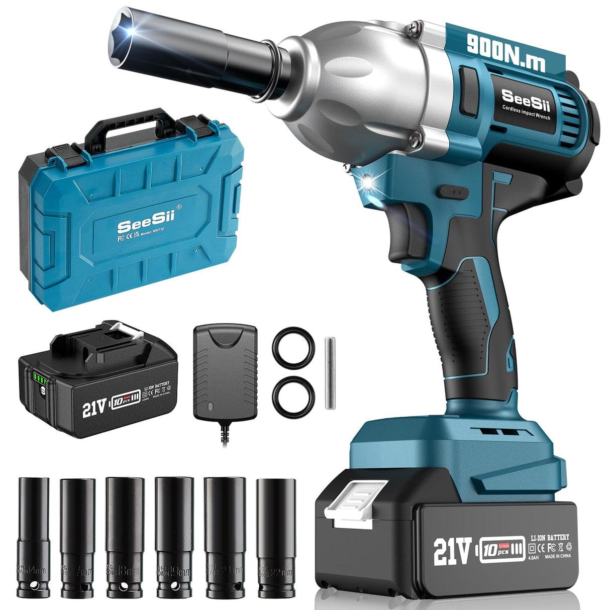 Seesii Cordless Impact Wrench, 900N.m(665ft-lbs) Power Impact Gun 1/2 Inch, 4.0Ah Battery, 3300RPM Impact Wrench, 6 Sockets, Electric Impact Driver for Home Car Truck Mower Father Dad Husband Seesii