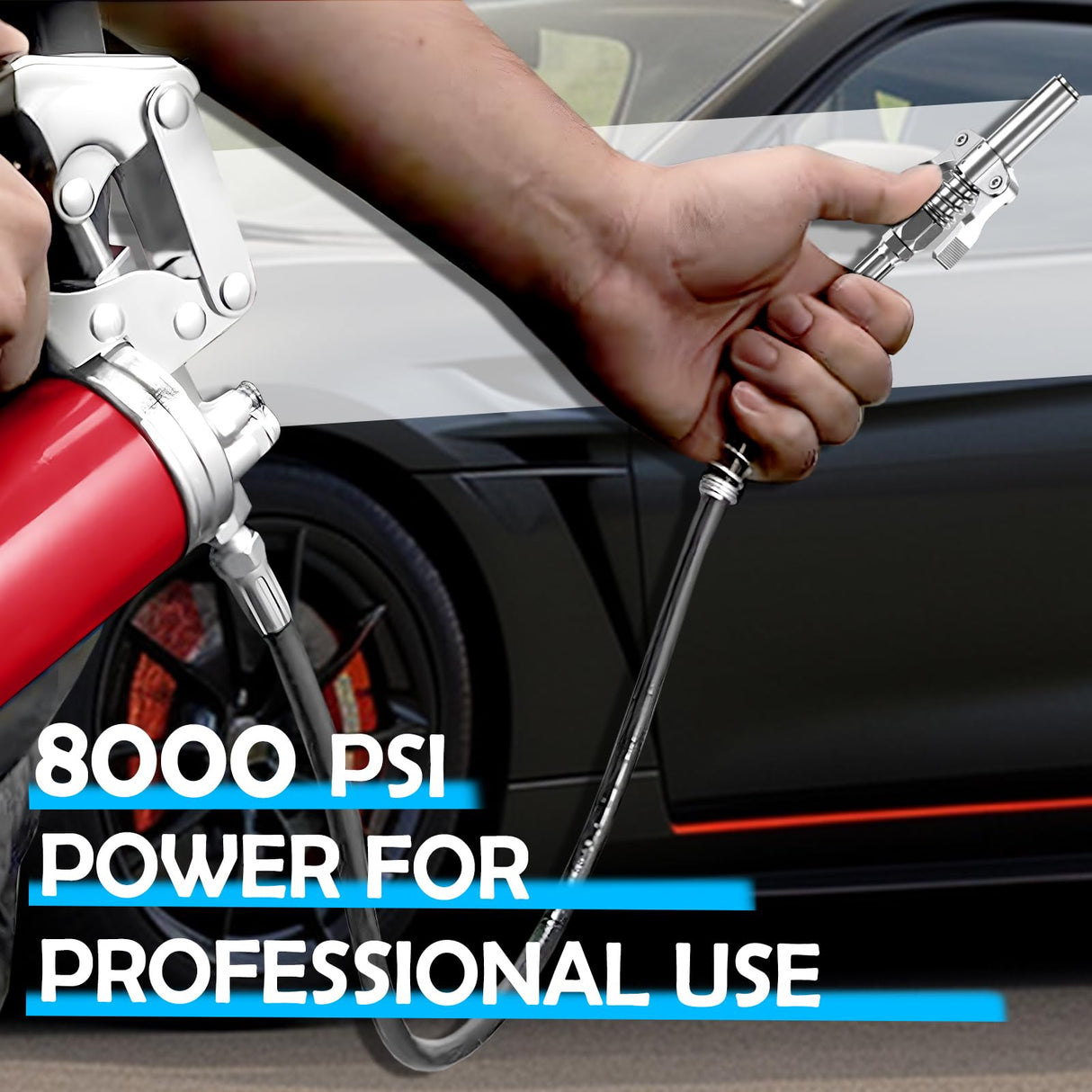 GATTLELIC Heavy Duty Grease Gun Kit, 8000 PSI Professional Pistol Grip 14 oz Load with 12" Flex Hose, Locking Coupler, Extension Pipe, and Sharp Nozzle GATTLELIC