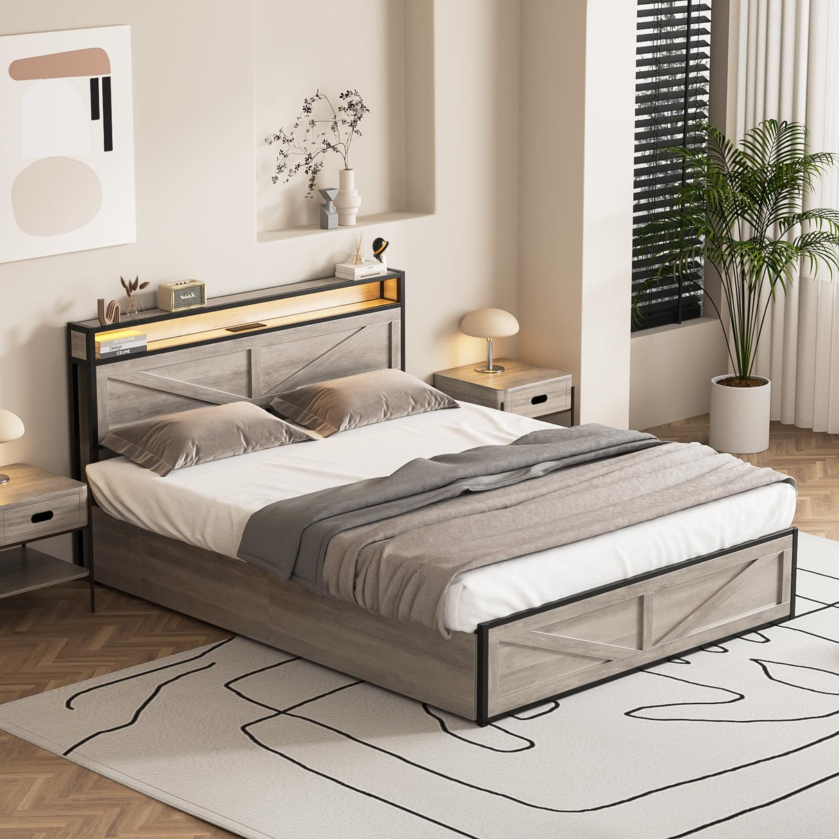 Halitaa Full Size Metal Bed Frame with LED Lights, Charging Station & 4 Storage Drawers in Wash Grey Halitaa