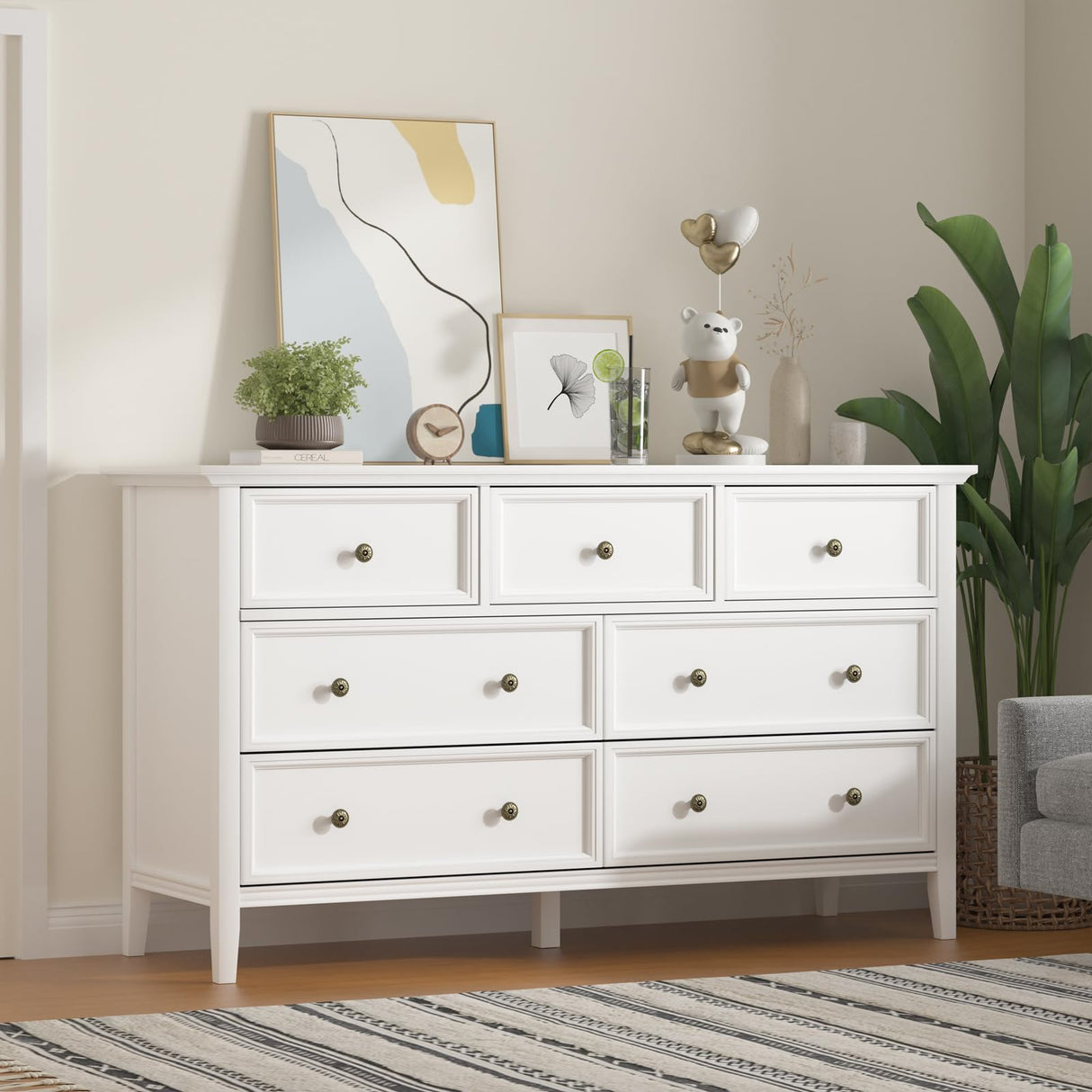 IKENO White 7 Drawer Dresser for Bedroom, Modern Solid Wood Large Storage Cabinet, Simple White Chest of Drawer for Bedroom Living Room Hallway Entryway (White) IKENO