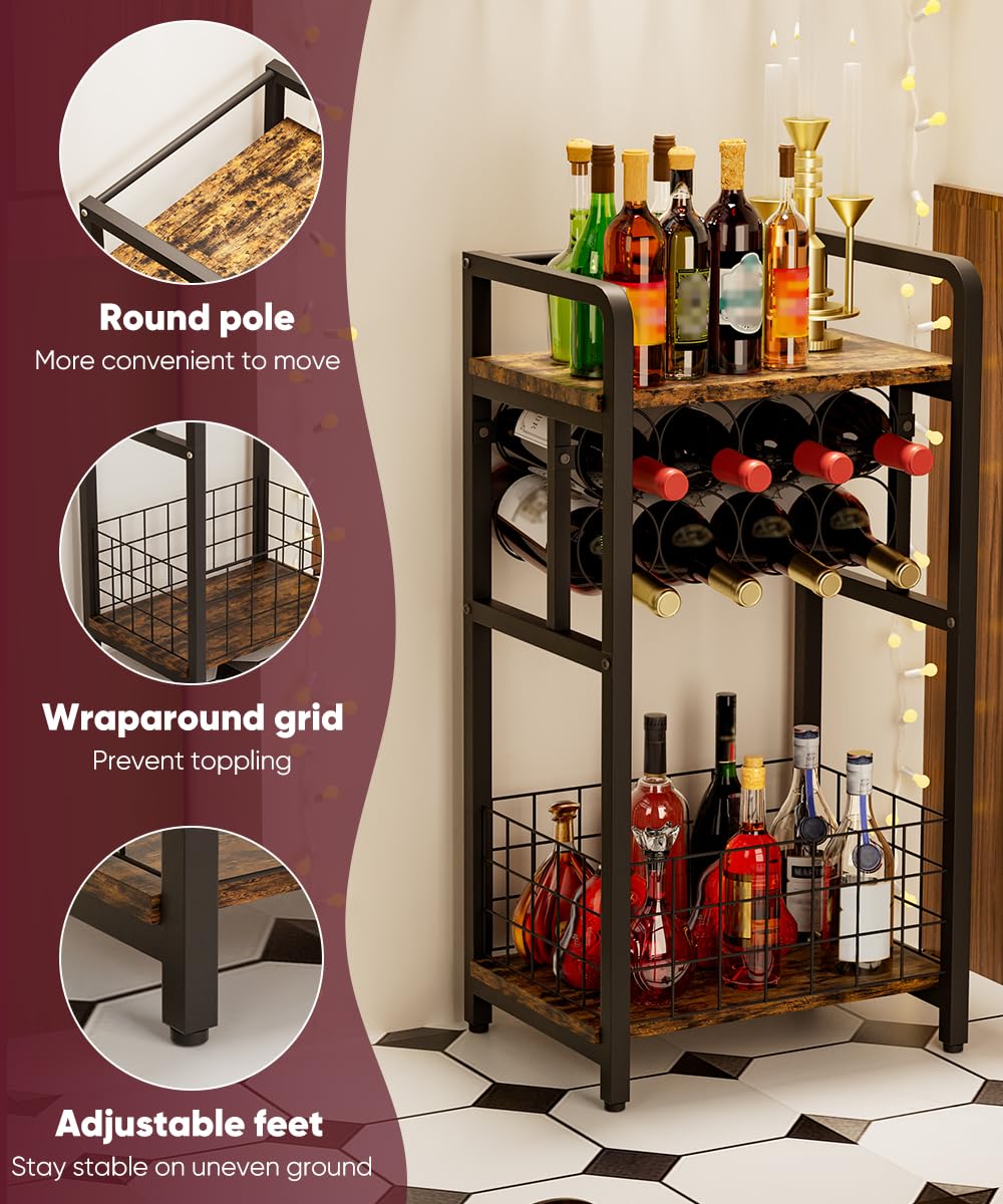 Ansionsol 3-Tier Wine Rack Freestanding Floor with Wood Top, Liquor Stand with Wine Bottle Holder, Corner Mini Bar Table for Small Space, Metal Whiskey Shlef for Kitchen, Cellar, Living Room, Black Ansionsol