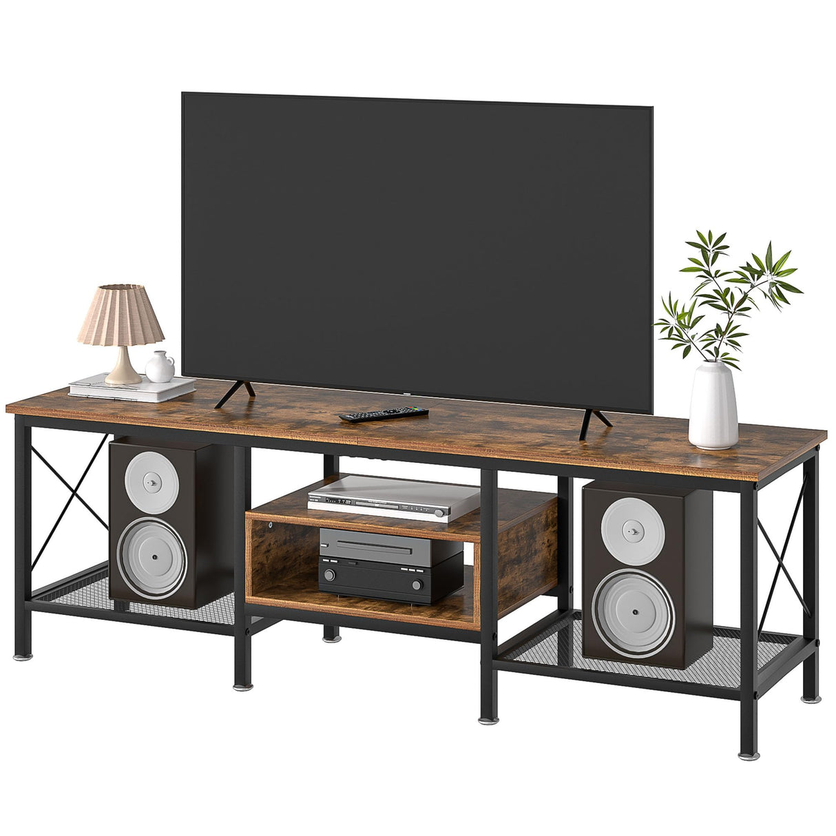 VECELO Industrial TV Stand for 65 Inch Television Cabinet 3-Tier Console with Open Storage Shelves, Entertainment Center Metal Frame for Living Room, Bedroom, 55 Inch, Dark Brown VECELO