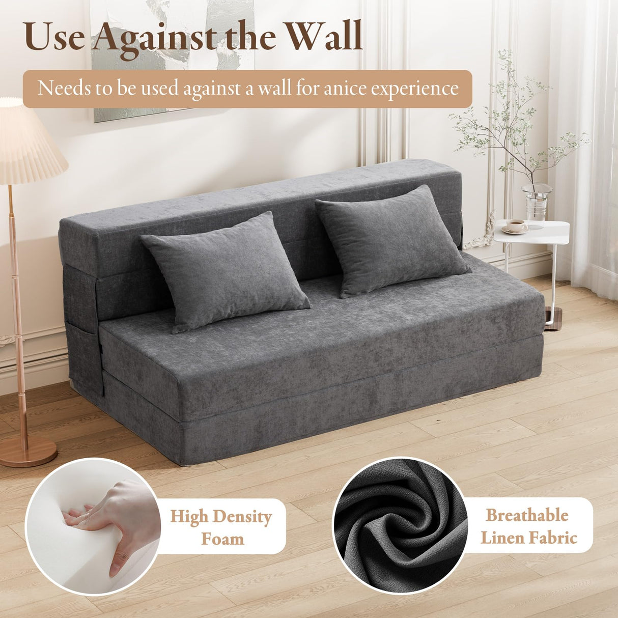 HOMFINE Folding Sofa Bed - Convertible Sleeper Chair with Pillow, Fold Out Couch, Memory Foam Floor Mattress, Futon Couch, Lazy Sofa for Living Room/Dorm/Guest Room/Home Office, Grey, Queen Size HOMFINE