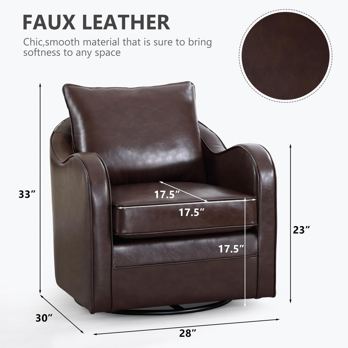Simore Faux Leather Swivel Barrel Accent Chair Set of 2 for Living Room Bedroom, Comfy Modern Round Swivel Chair with Removable Pillow, Dark Brown Simore