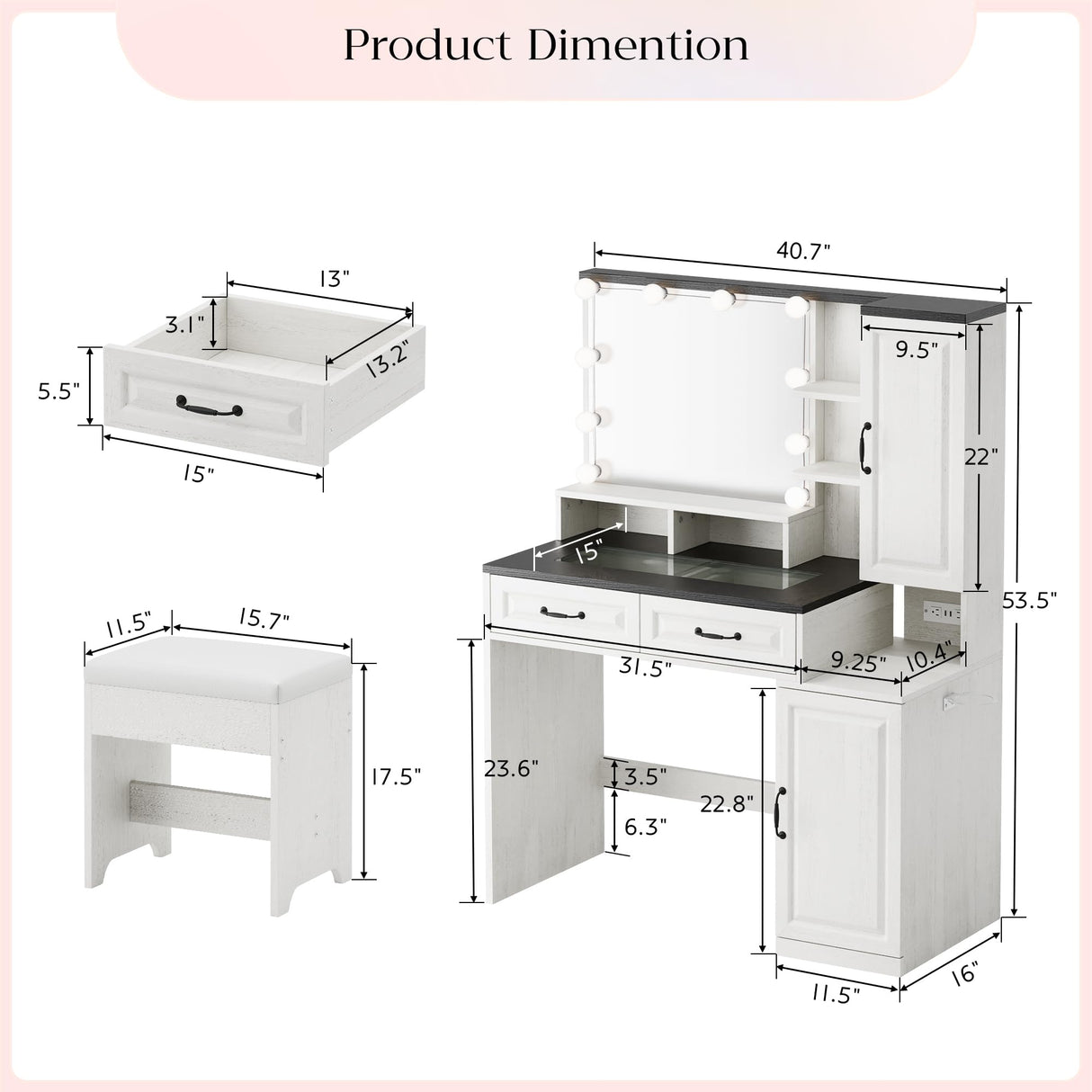 Buytime Farmhouse Makeup Vanity with Charging Station, Vanity Desk with Lights Mirror and Drawers, Glass Top Makeup Vanity with Jewelry Cabinet, Hairdryer Holder and Stool for Bedroom, Off White Buytime