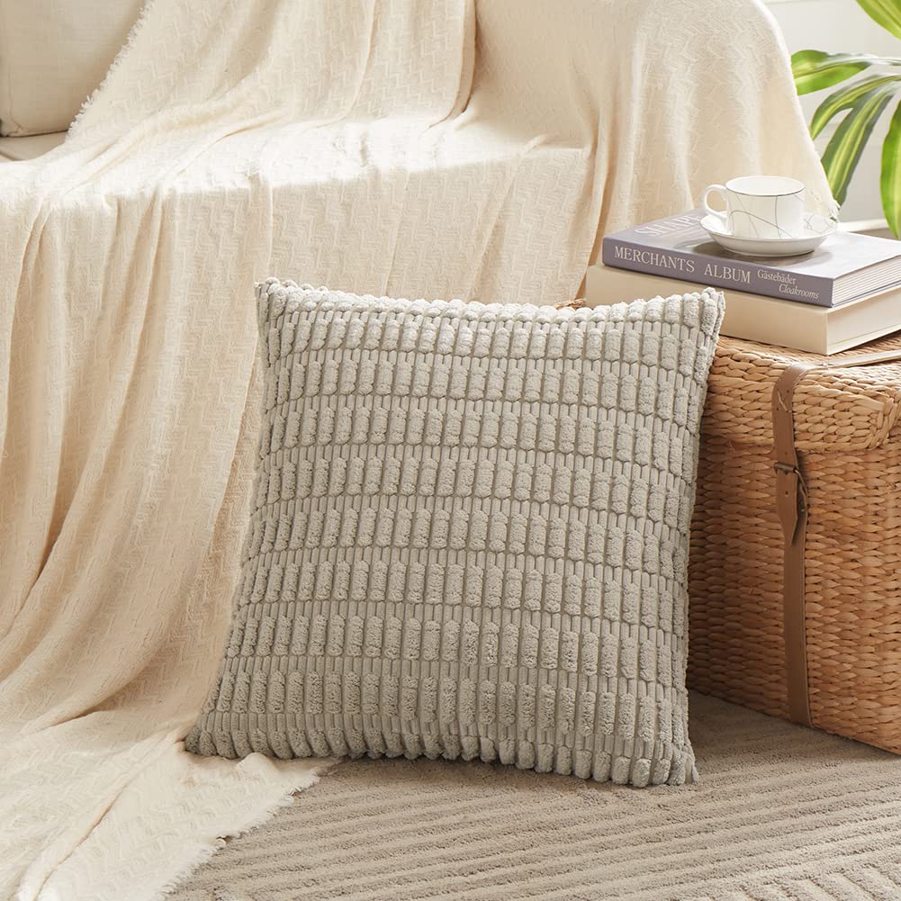 Fancy Homi 4 Packs Neutral Decorative Throw Pillow Covers 18x18 Inch for Living Room Couch Bed Sofa, Rustic Farmhouse Boho Home Decor, Soft Plush Striped Corduroy Square Cushion Case 45x45 cm Fancy Homi
