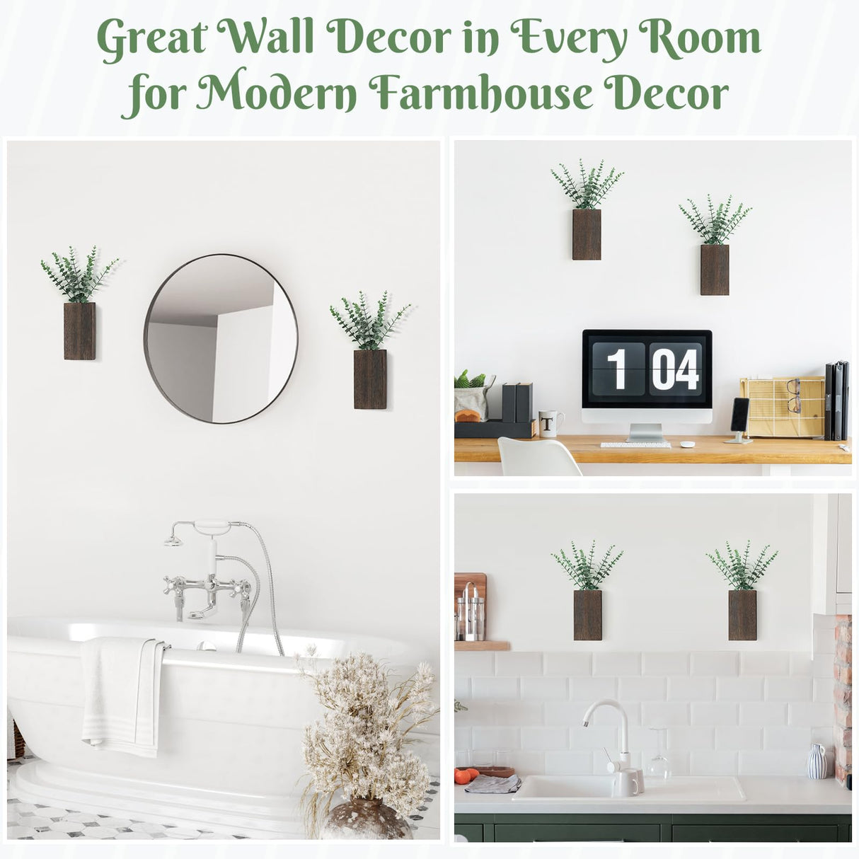 Dahey 2 Pack Wood Wall Planter Vase with Artificial Eucalyptus Farmhouse Wall Hanging Decor Pocket Planter for Indoor Fake Plants Greenery, Living Room Bedroom Kitchen Home Office Decoration Dahey