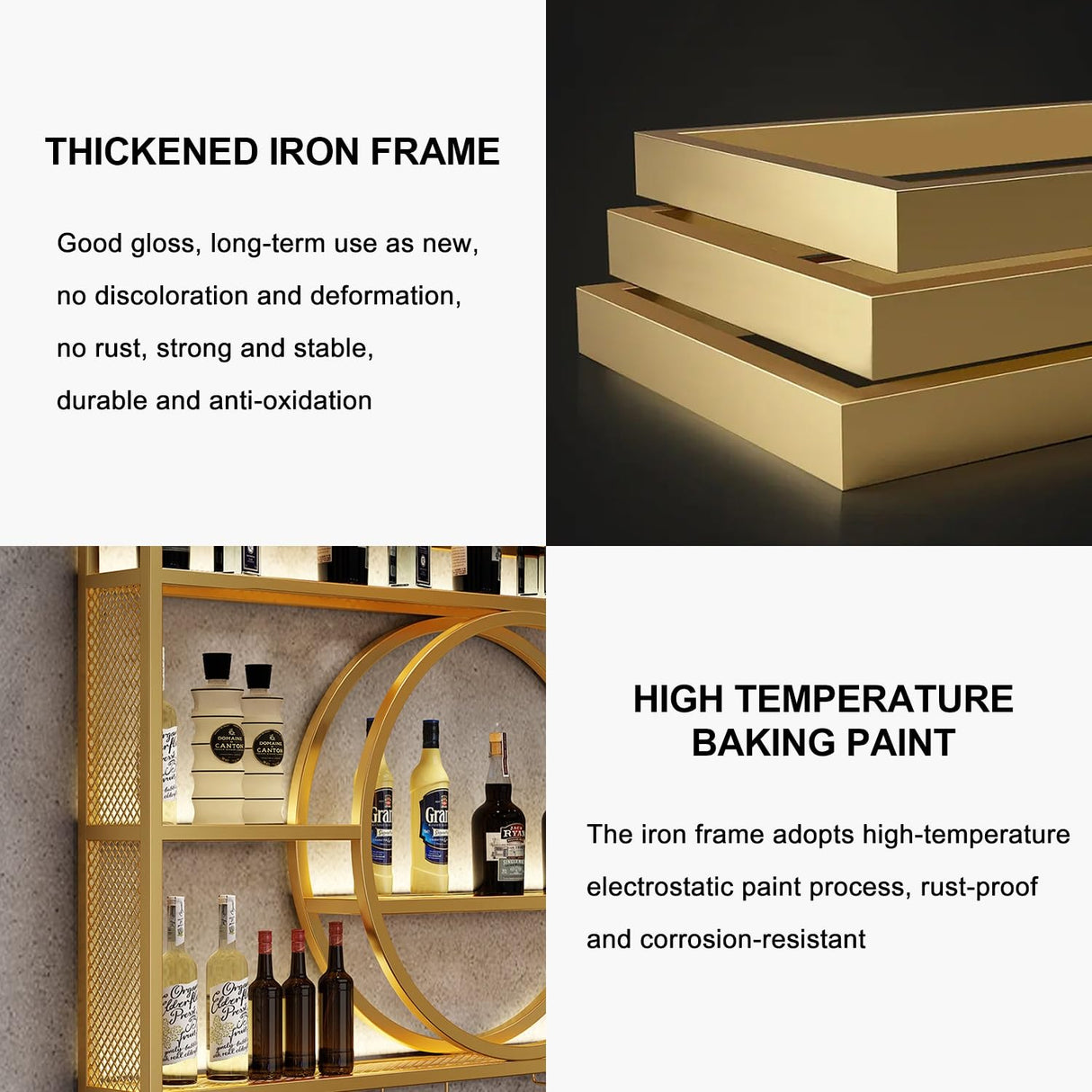 OMKUOSYA Wine Rack Wall Mounted with LED Light, 3-Tier Metal Floating Bar Shelves Wine Glass Holder, Liquor Bottle Storage Display Shelf for Home Bar, Dining Room & Kitchen (Gold, 39.4in/100cm) OMKUOSYA