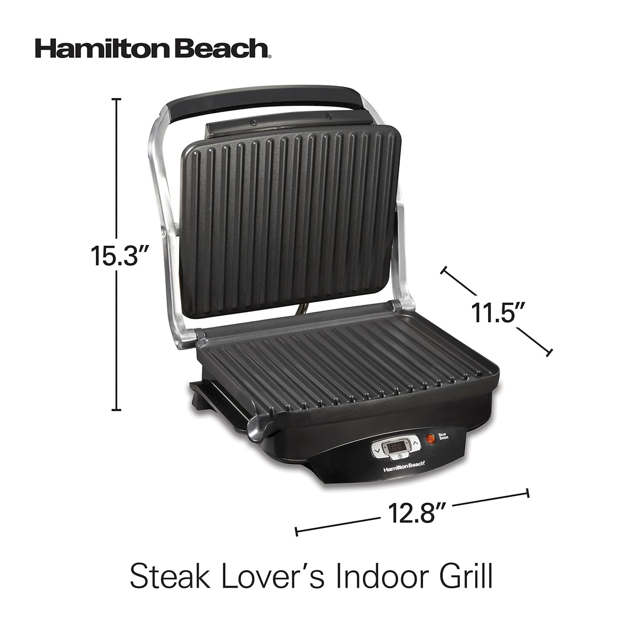 Hamilton Beach Steak Lover's Electric Indoor Searing Grill, Nonstick 100 Square, Stainless Steel (25331), Black and Stainless, Medium Hamilton Beach