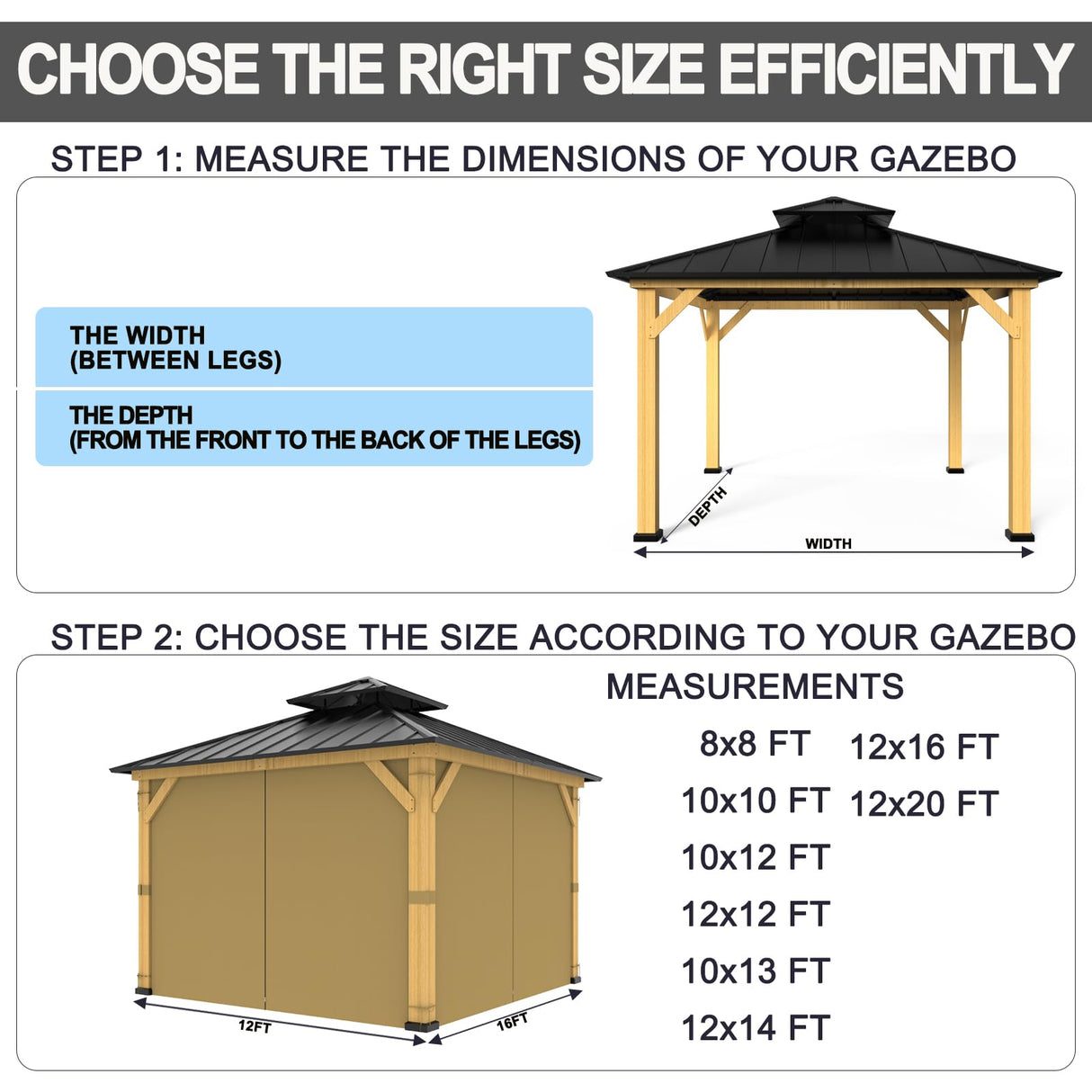 12-ft x 16-ft Gazebo Curtains, Privacy Replacement Sidewall 4-Panel Universal Shade Curtains Set, Protecting Side Walls - Khaki Zupoquk