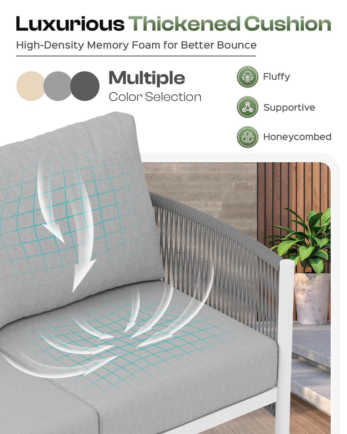 Oasbira Aluminum Outdoor Patio Furniture Set, HDPE Rope 4 Piece Modern Sectional Conversation Sets with Dual-Layer Coffee Table, All Weather Patio Couch Set with Thick Cushions, White Frame, White Oasbira