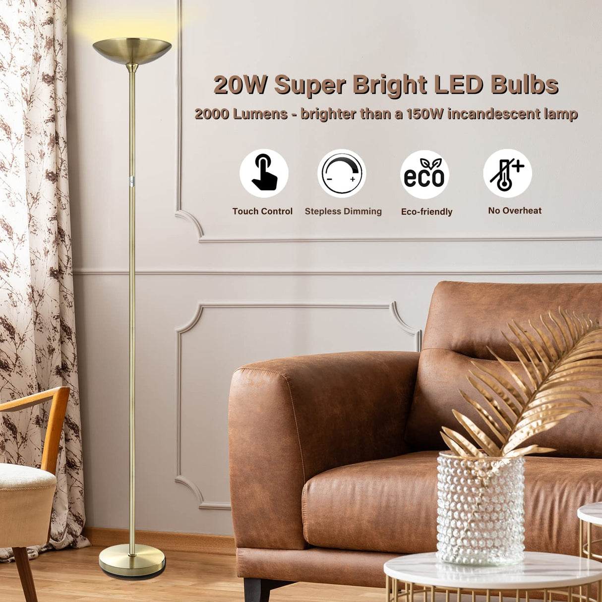 BoostArea Floor Lamp,Torchiere Standing Lamp,20W 2000LM LED Tall Floor Lamp,Stepless Dimmable,Touch Control,50000hrs Lifespan,Pale Floor Lamps for Living Room,Standing Lamps for Bedroom,Gold BoostArea