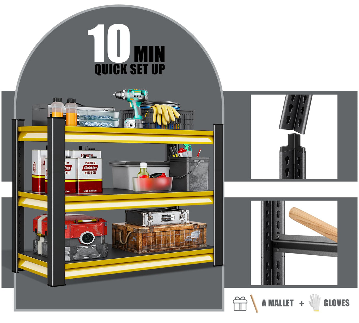 Rufokisa 40" W Garage Shelving Heavy Duty, 1500LBS Loads Adjustable Garage Storage Shelves,3-Tier Metal Storage Racks and Shelving Units, Utility Rack Shelves,40" W x 18" D x 36" H,Yellow Rufokisa