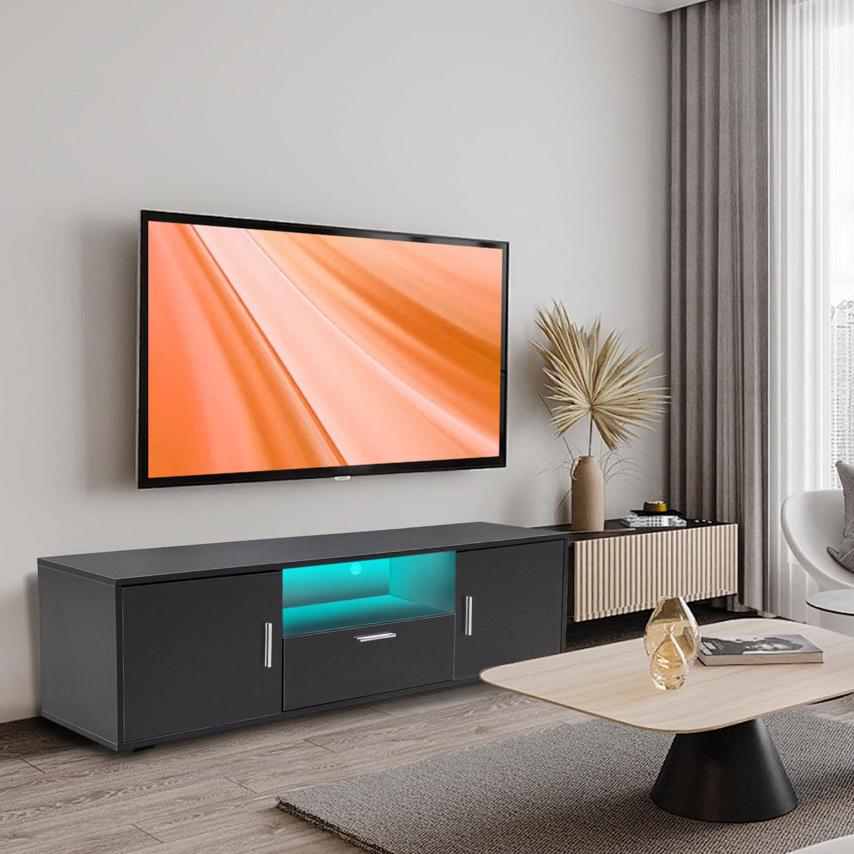 SPRKLINLIN Modern LED TV Stand for 55 Inch TV, Entertainment Center with 4 Storage Drawer and Open Shelves, TV Console Table for Living Room, Bedroom (Black, 55 inch) SPRKLINLIN