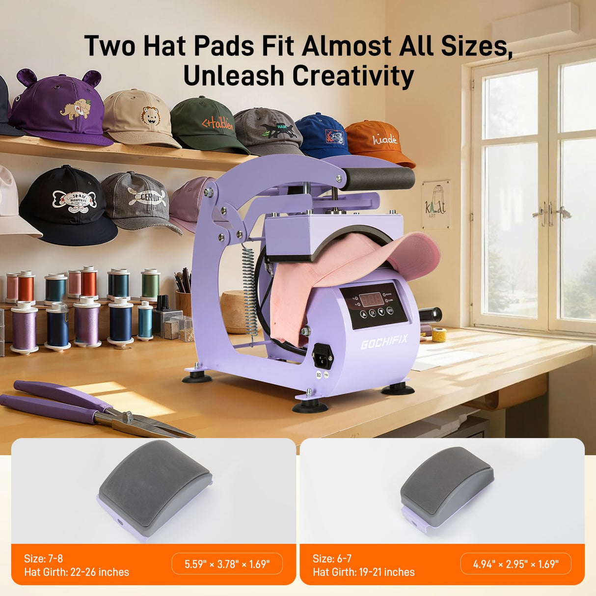 Hat Heat Press Machine, Precise Temp/Timer Control, 6.54"x3.84"Curved Heat Plate, Hat Stretcher, Safety Base, 2 Hat Pad, Glove, Heat Press Heat for Caps, Sublimation, Vinyl, Heat Transfer GOCHIFIX