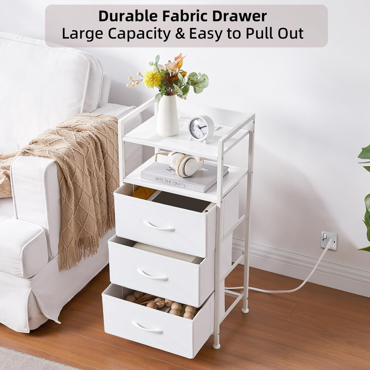 Somdot White Nightstand with Charging Station and LED Light for Bedroom, Tall 3 Drawers Dresser with Fabric Bins for Bedside Kids Dorm Room Closet Laundry Entryway, White Leather Somdot