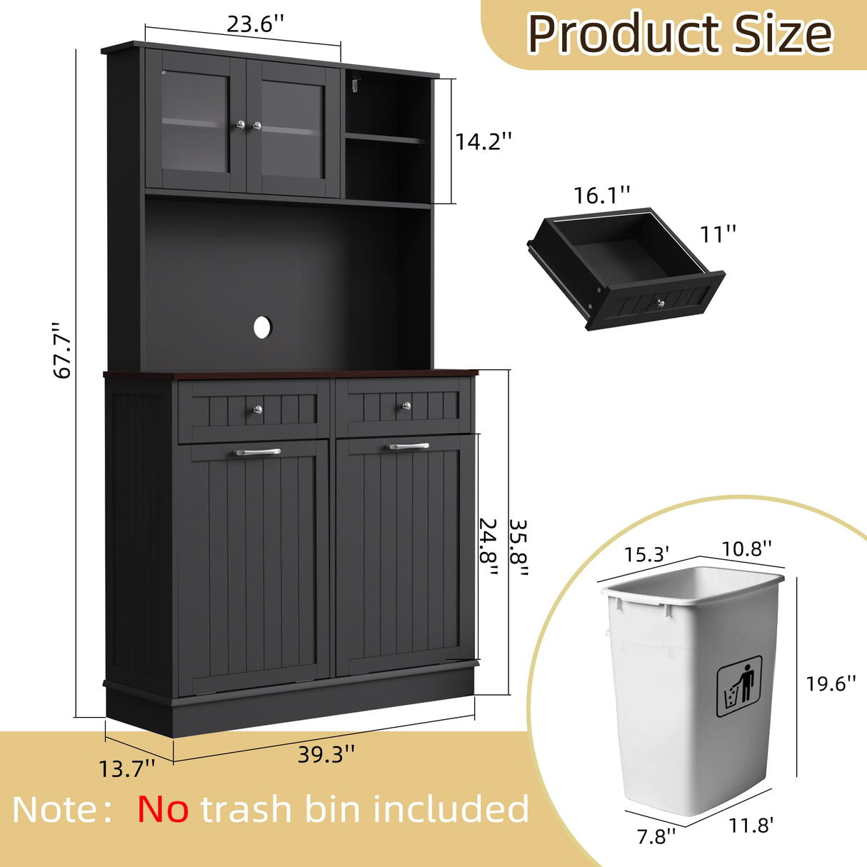 YOCONYO Double Tilt Out Trash Cabinet Storage Cabinet 20 Gallon with Two Solid Wood Hideaway Trash Holder Drawers, Dual Wooden Free Standing Recycling Cabinets Trash Can Bin Kitchen (Black) YOCONYO