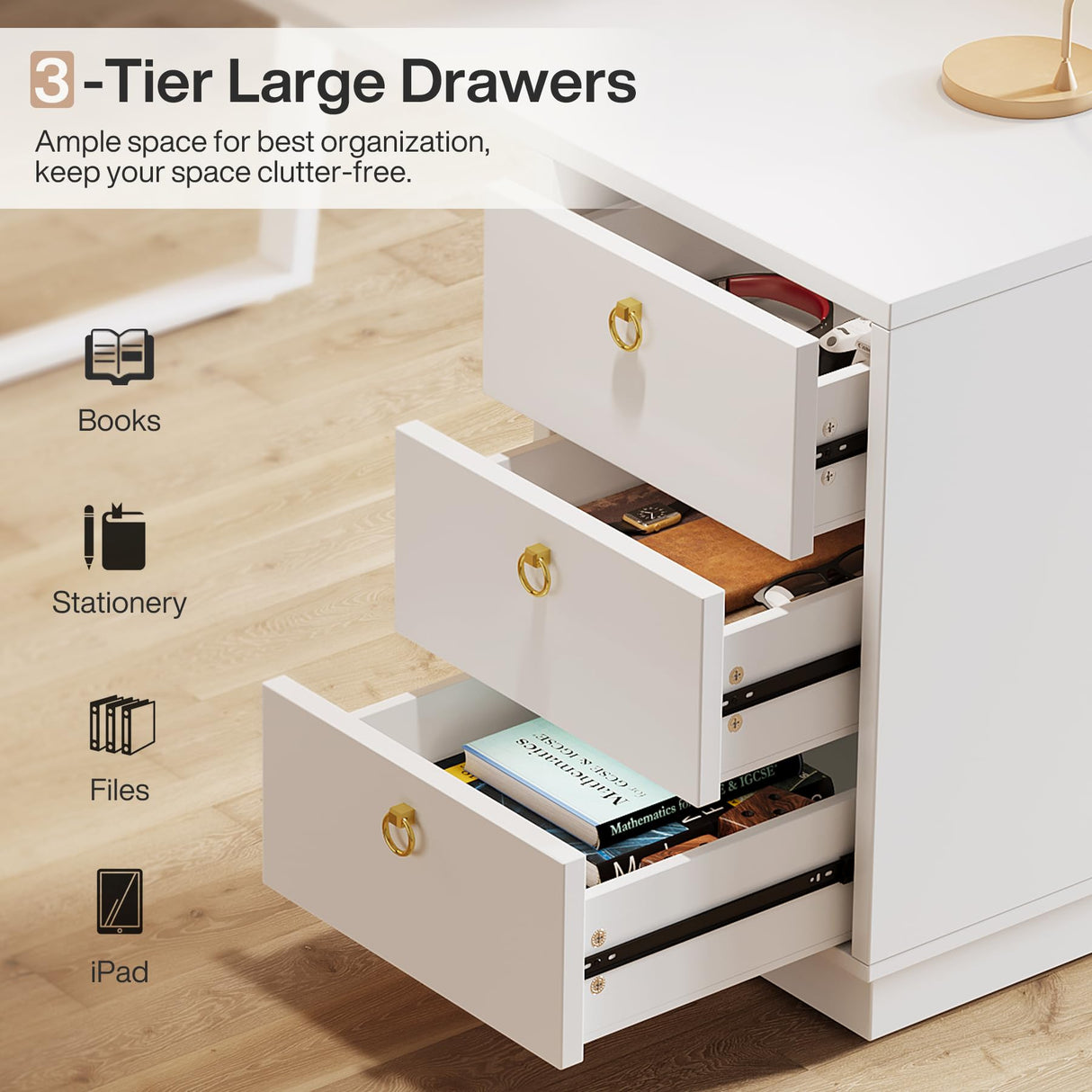 Tribesigns White Computer Desk with Drawers: 55 Inches Modern Home Office Desk with Storage, Small Wood Study Writing Work Table Workstation for Bedroom, White and Gold Tribesigns