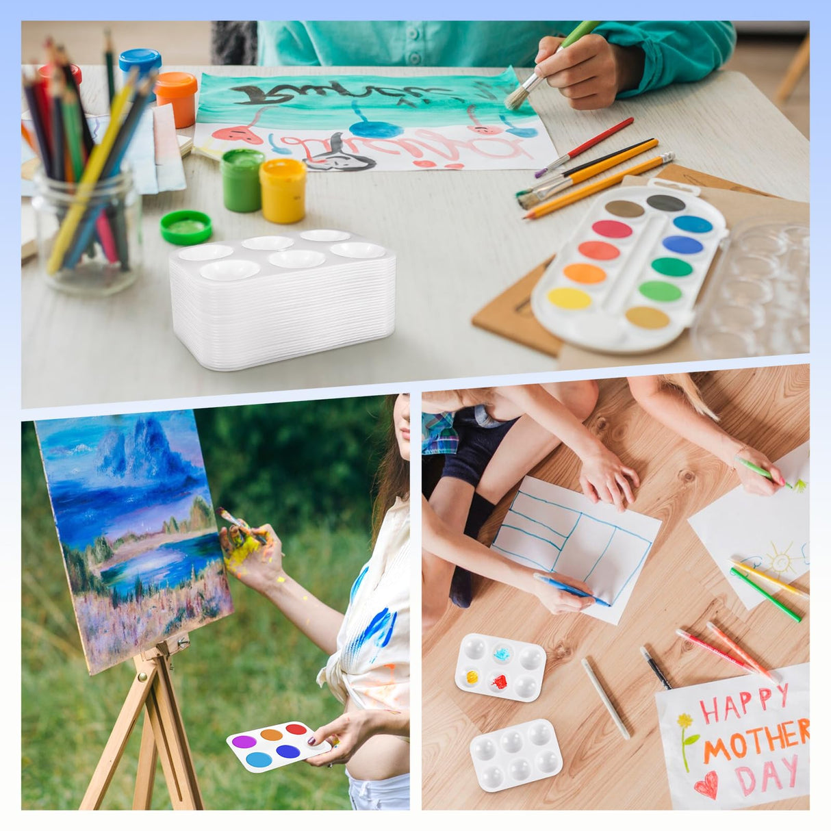 Bercoor 52 PCS Plastic Paint Palettes, 6 Well White Rectangular Watercolor Oil Palette Painting Tray Artist Craft Palettes for Painting Party, DIY Craft and Art Painting Bercoor