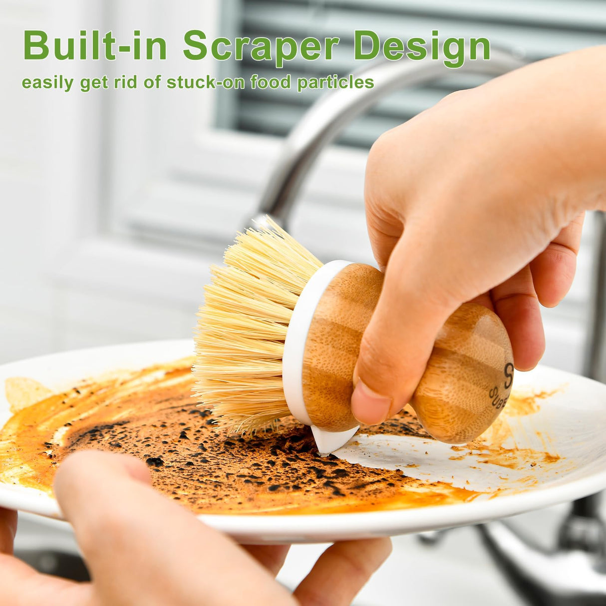 SUBEKYU Bamboo Dish Brush, Kitchen Dish Scrubber Brush, Natural Wooden Dishwashing Brush for Cleaning Dishes/Pans/Pots, Built-in Scraper, Sisal Bristles,1 Set SUBEKYU